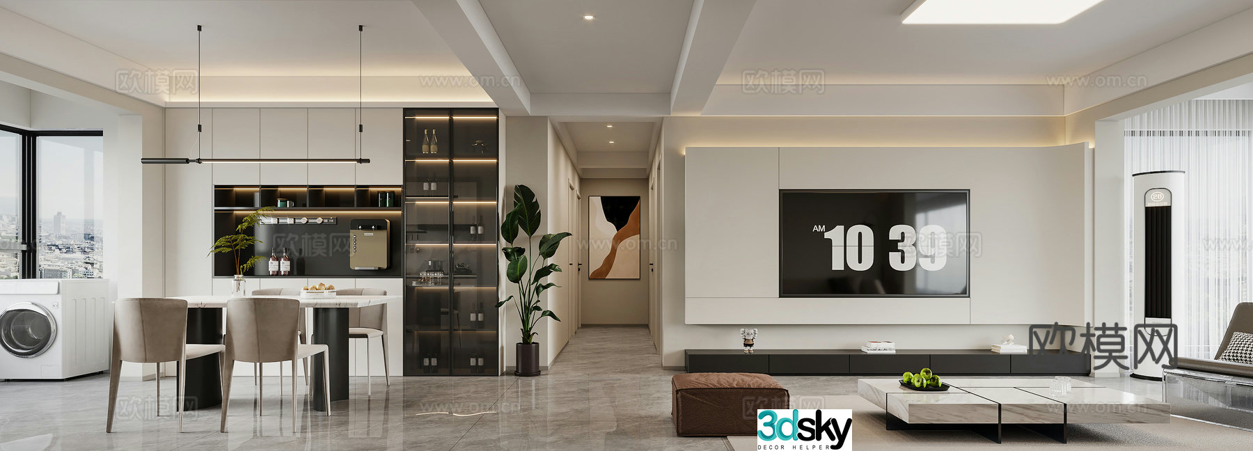Modern living and dining room kitchen sofa combination dining table and chair TV wall 3d model