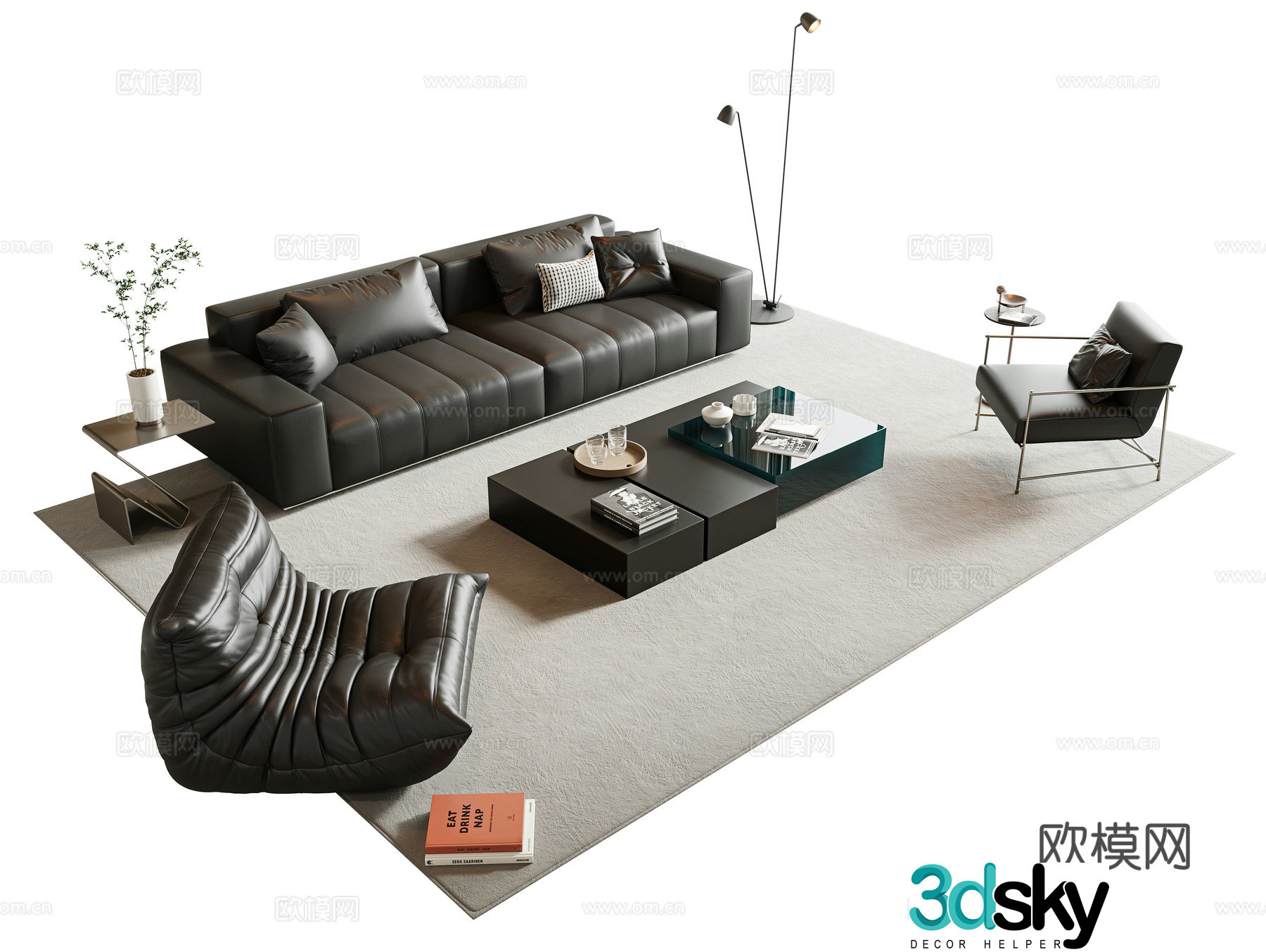 Italian sofa coffee table combination sofa leather sofa multi-person sofa straight sofa 3D model