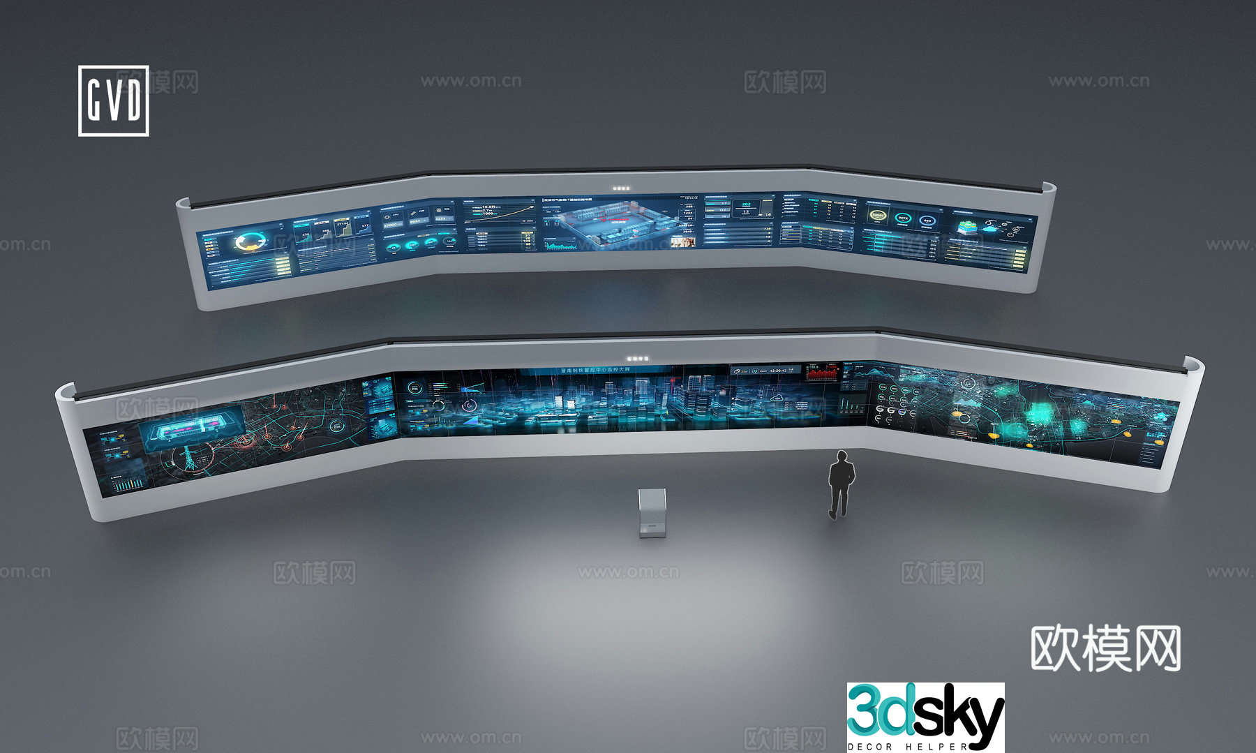 Modern exhibition hall Technology large screen large screen visualization three-fold screen management center command center large 3D model