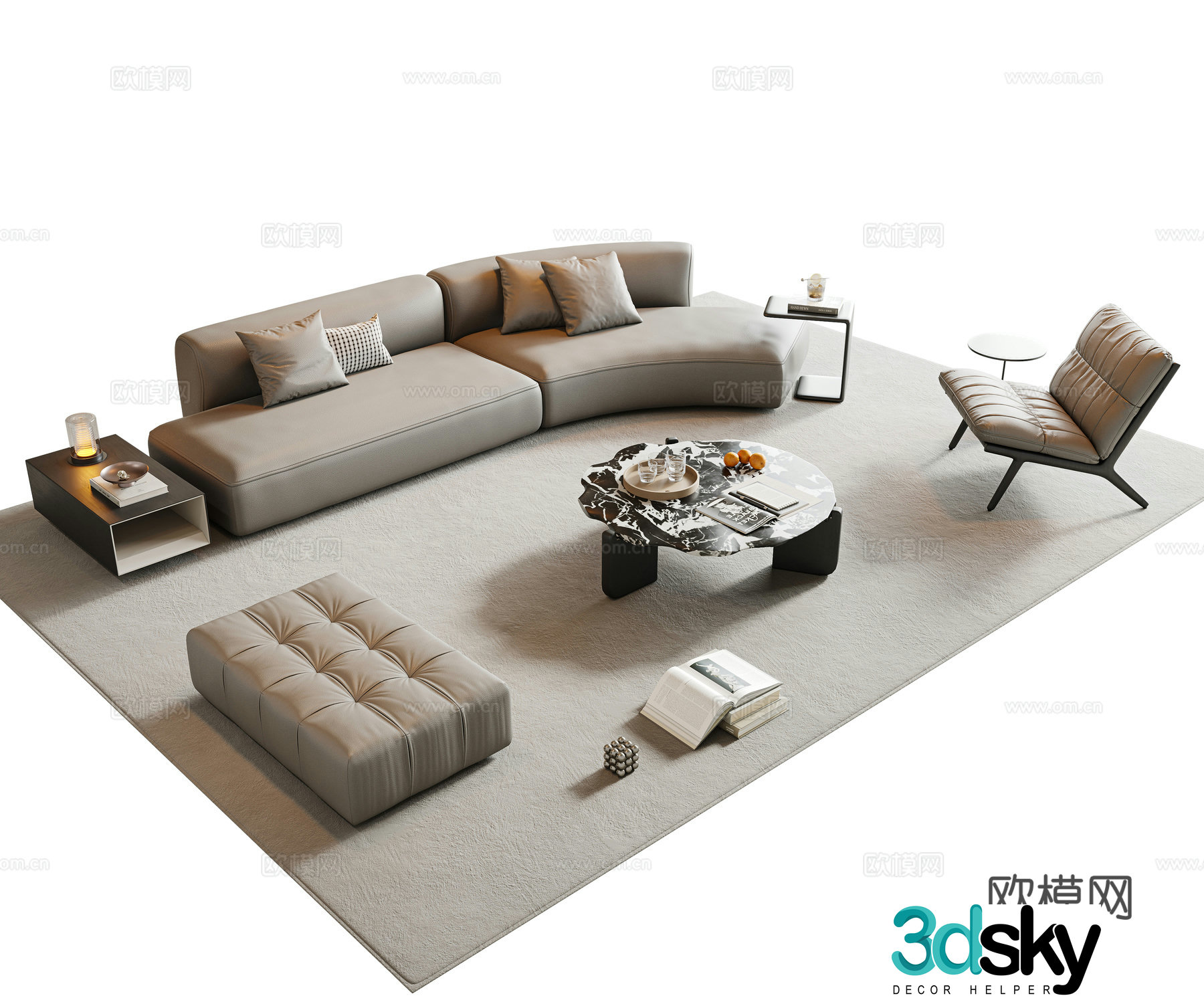 Italian sofa coffee table combination curved sofa leather sofa multi-person sofa combination sofa 3D model