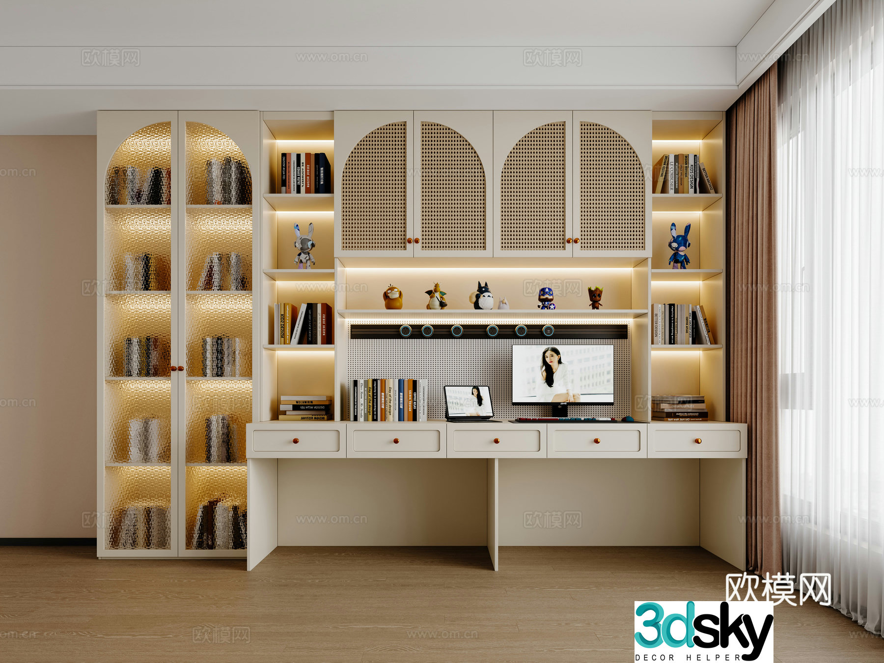 Creamy Wagli Salis Desk Computer Table Wall Cabinet Desk Bookcase Desk Finished Desk Customized Desk 3D Model