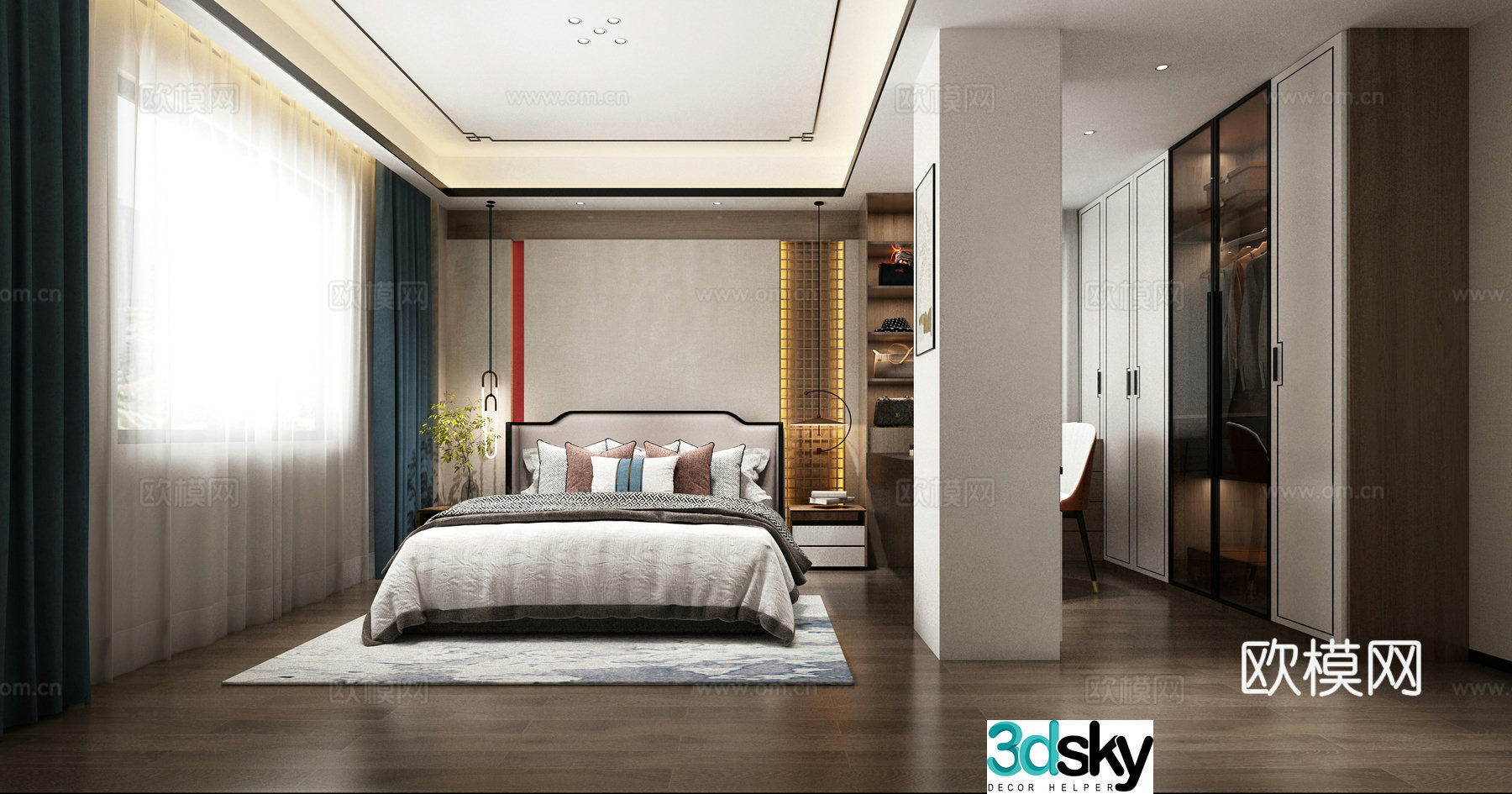 New Chinese style master bedroom cloakroom bed combination 3D model