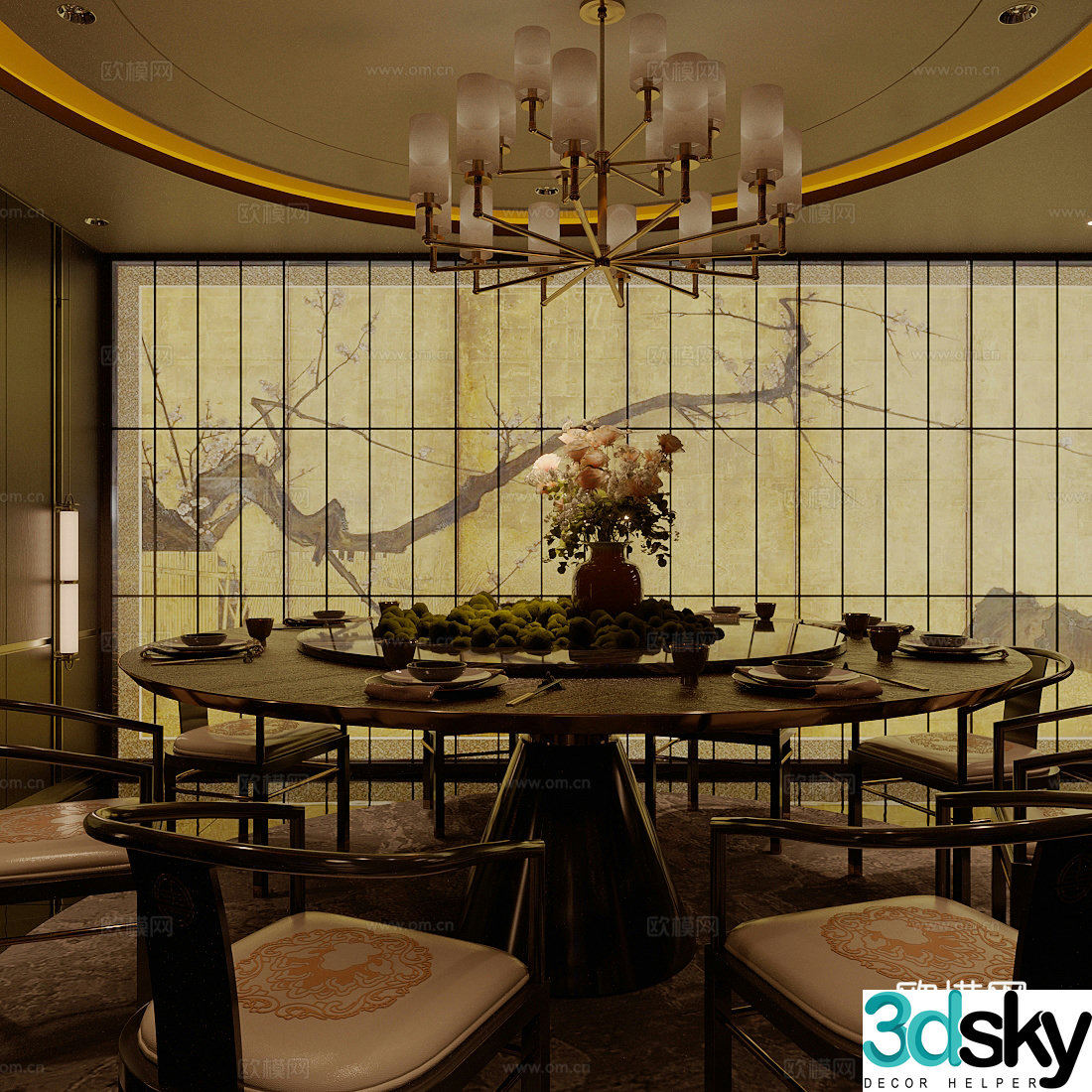 New Chinese-style private rooms restaurant private rooms round dining table and chair combination hotel private rooms dining table and chair 3D model