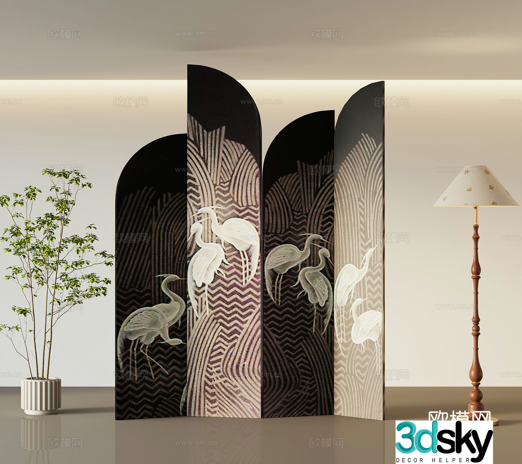 French screen partition green plants floor lamp 3d model