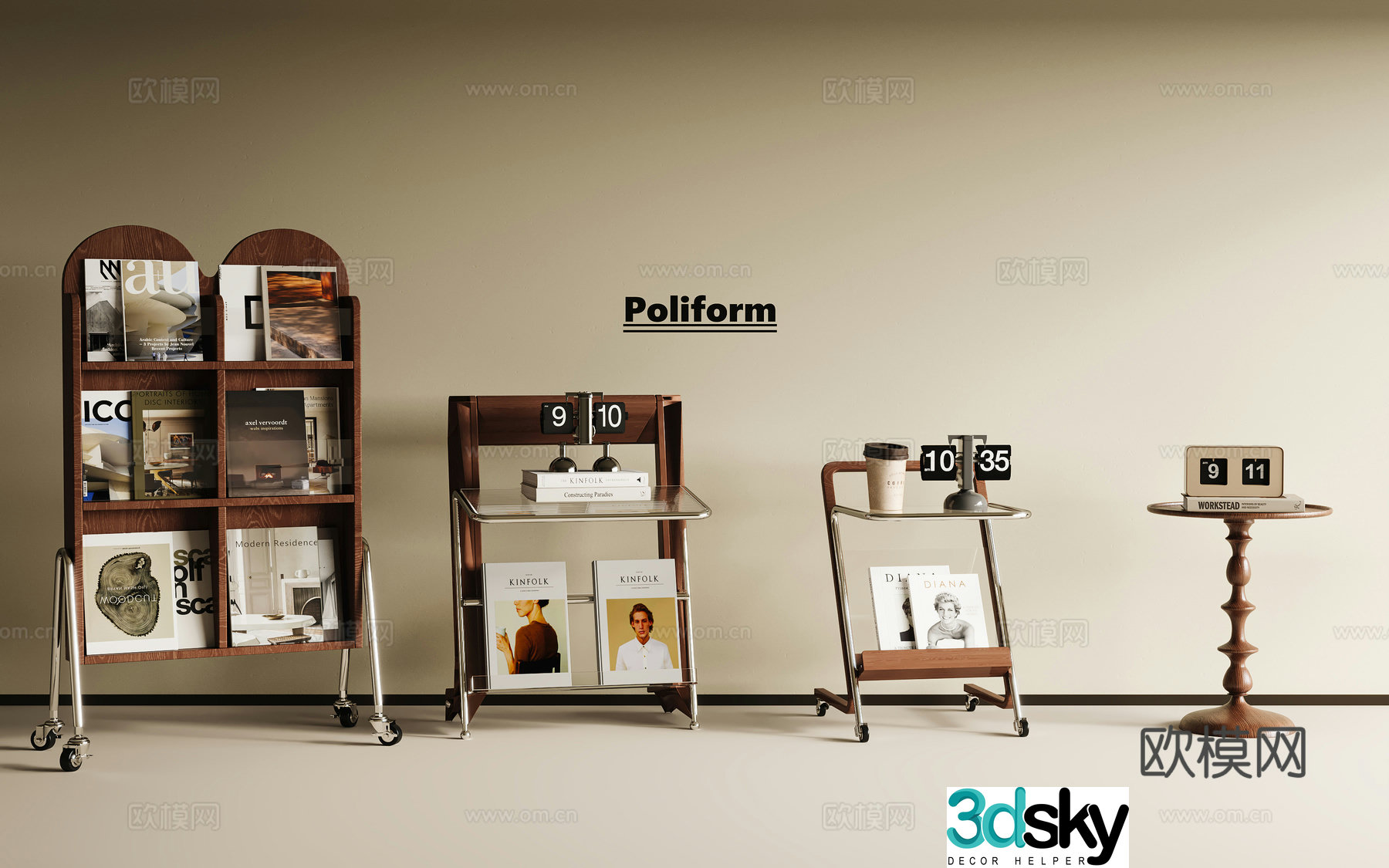 Medium vintage retro storage rack storage side table stainless steel storage rack time alarm clock ornament 3D model
