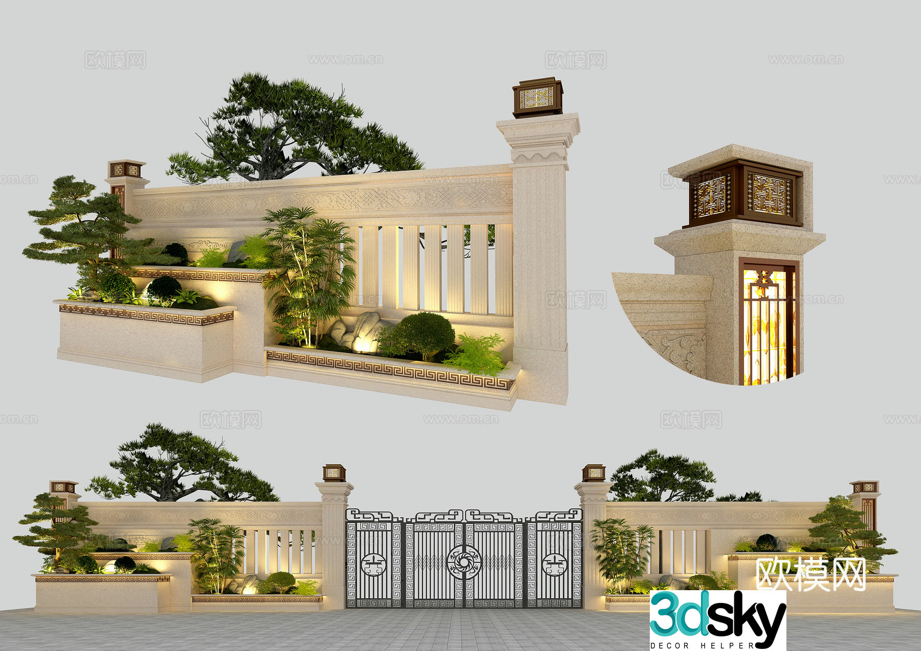 New Chinese style villa courtyard gate fence 3d model