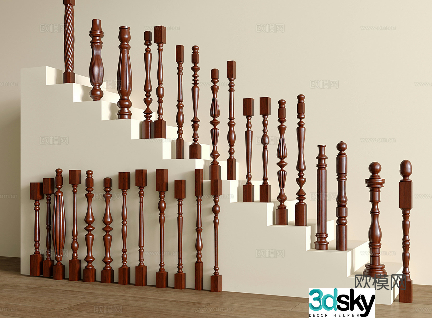 Simple European style stair railing solid wood stair column handrail Baofei guardrail 3D model
