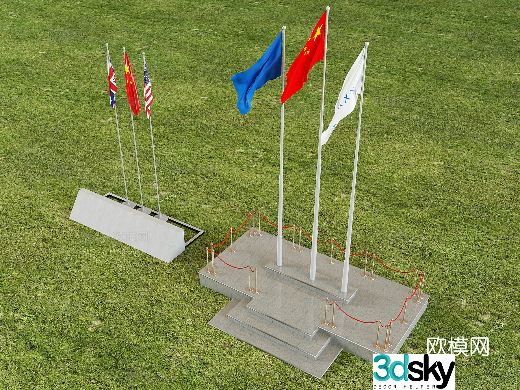 National flag flag pole flag raising platform 3d model