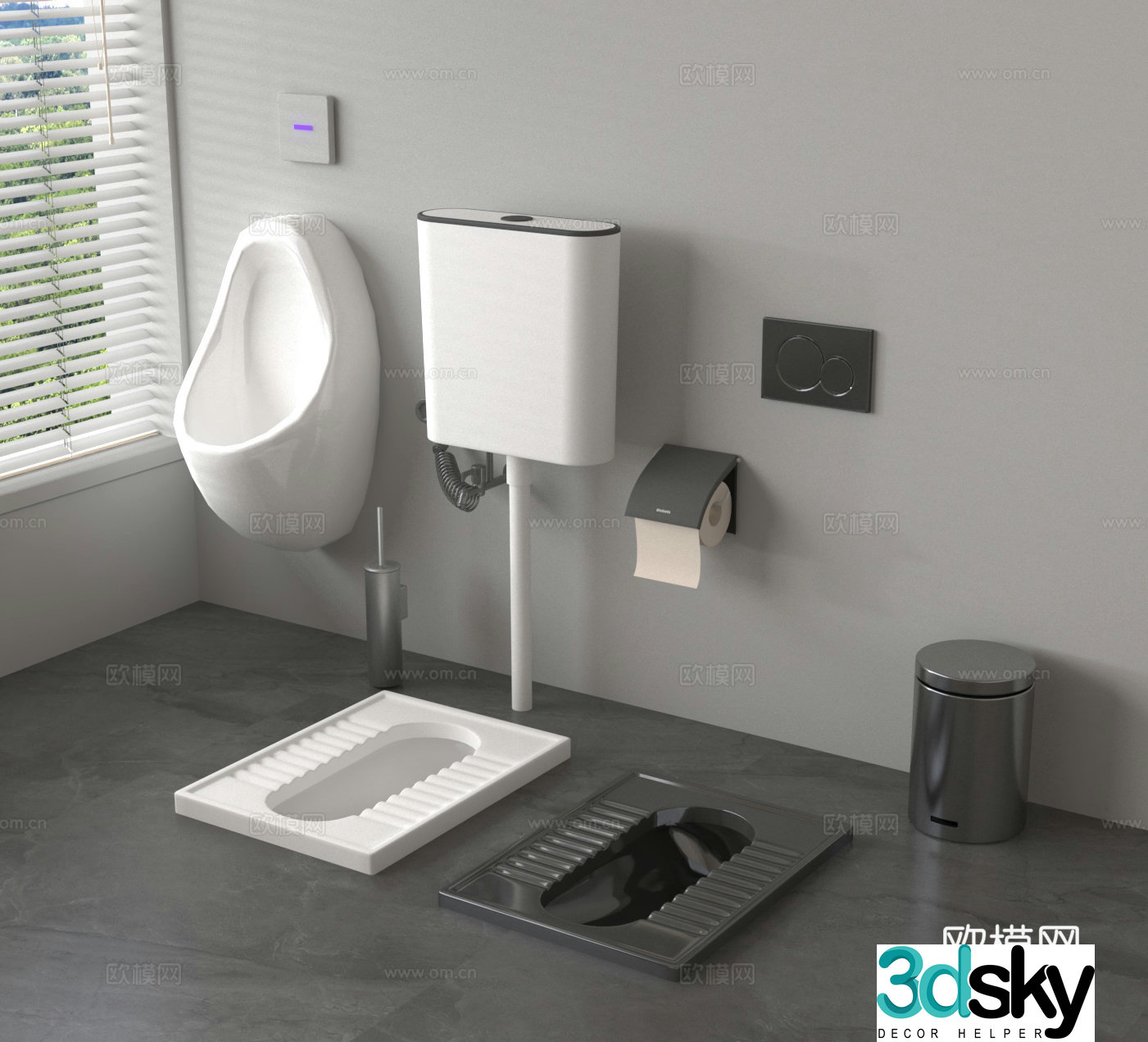 Squat piss urinal urinal trash can 3d model