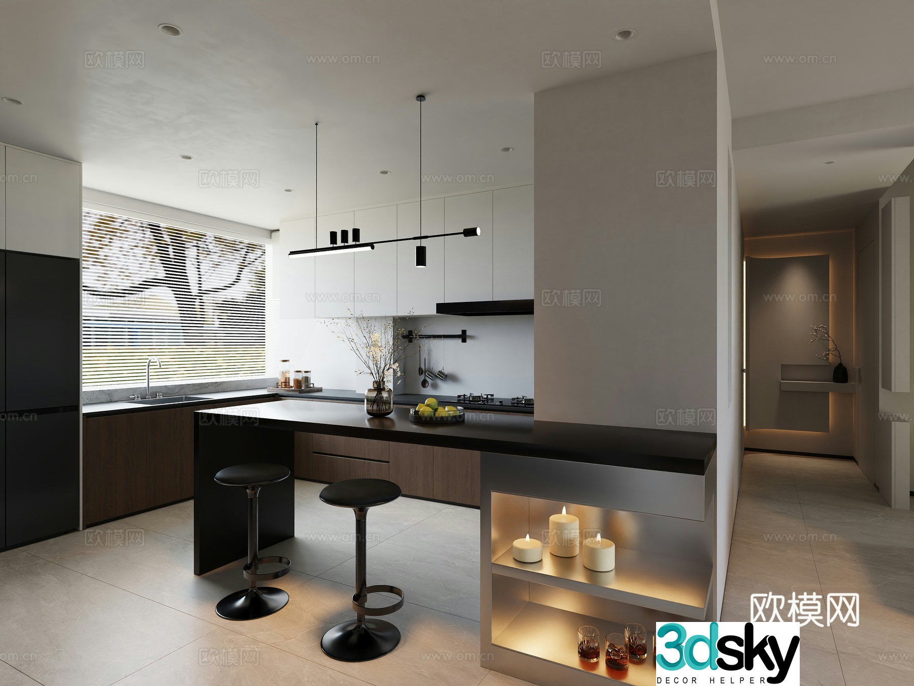 Modern log open kitchen 3d model