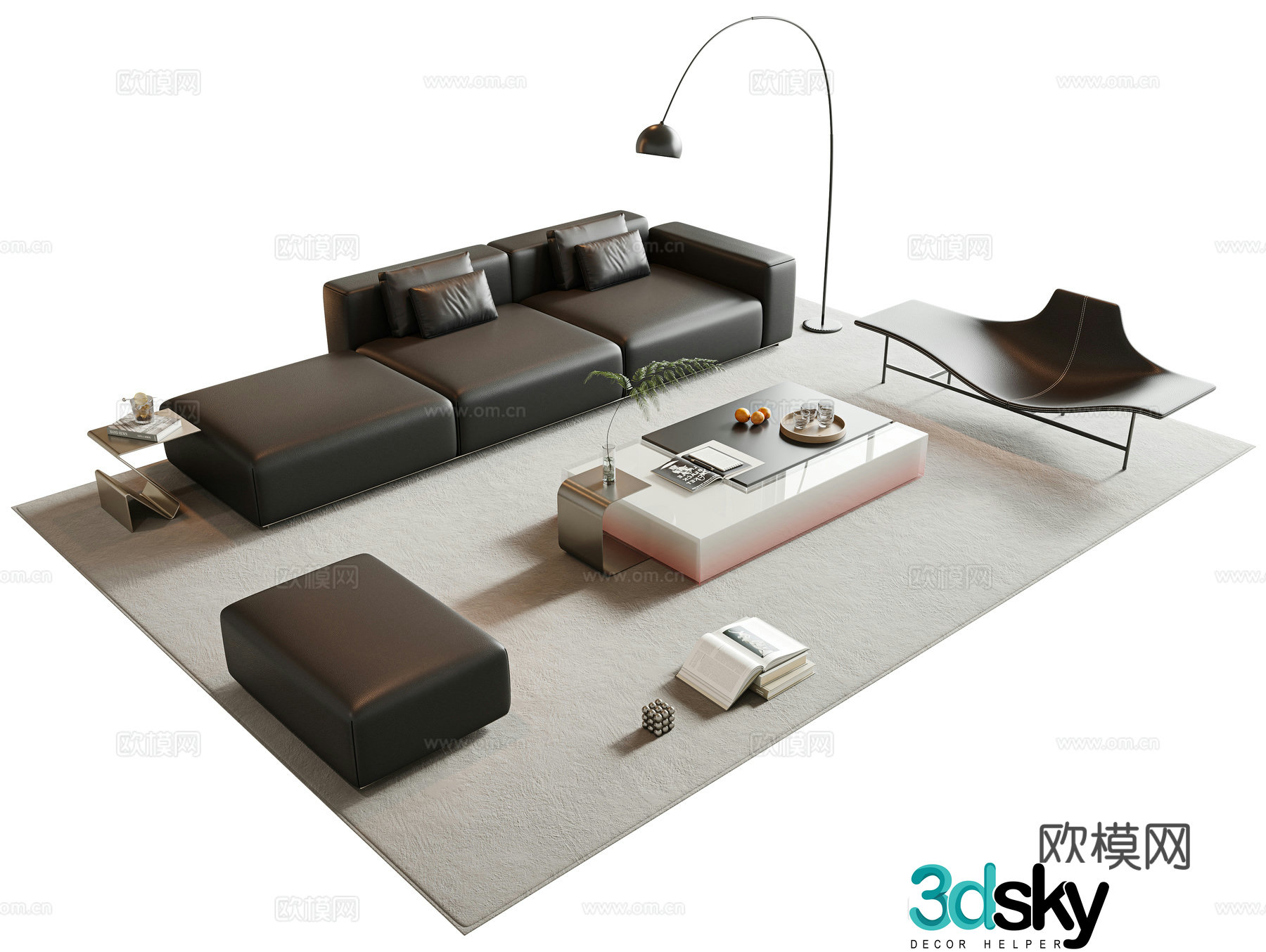 Italian sofa coffee table combination I-shaped sofa leather multi-person sofa combination sofa square coffee table 3D model