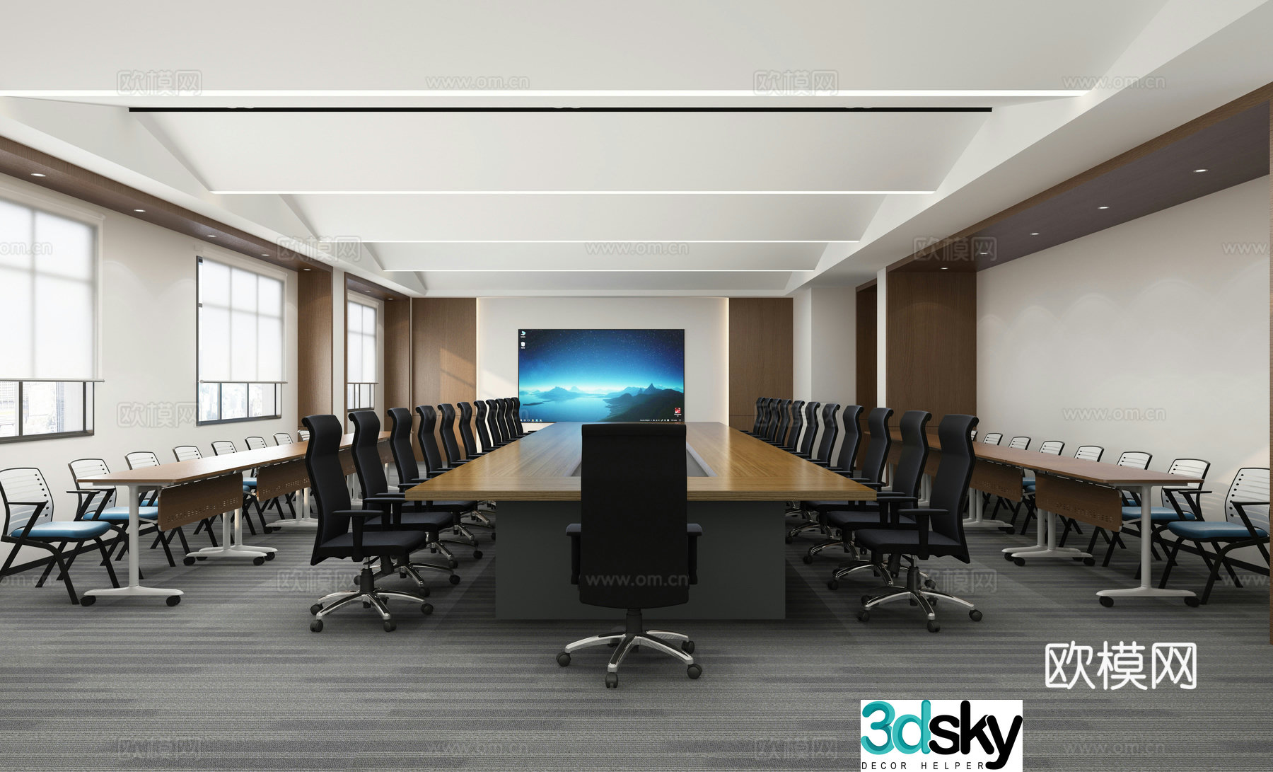 Modern conference room conference table and chairs projection screen sunshade strip table 3d model