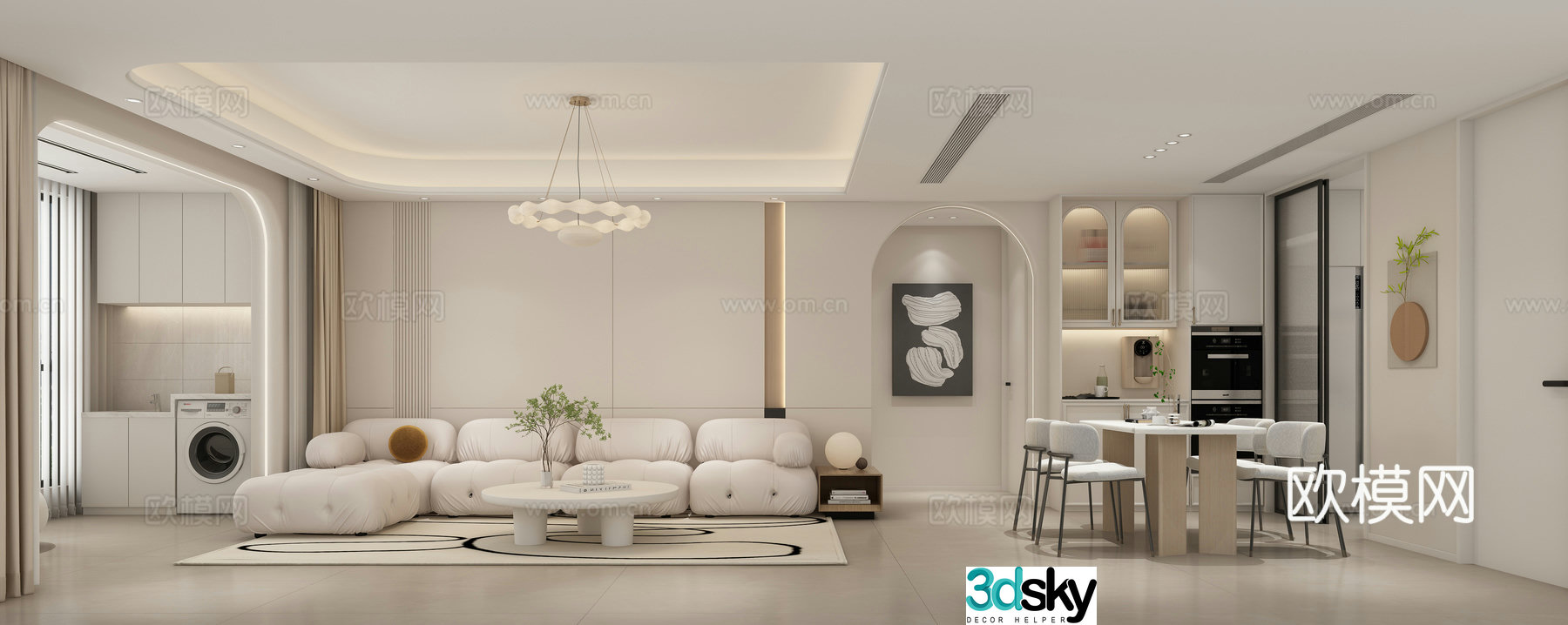Modern Cream Style Restaurant 3D Model