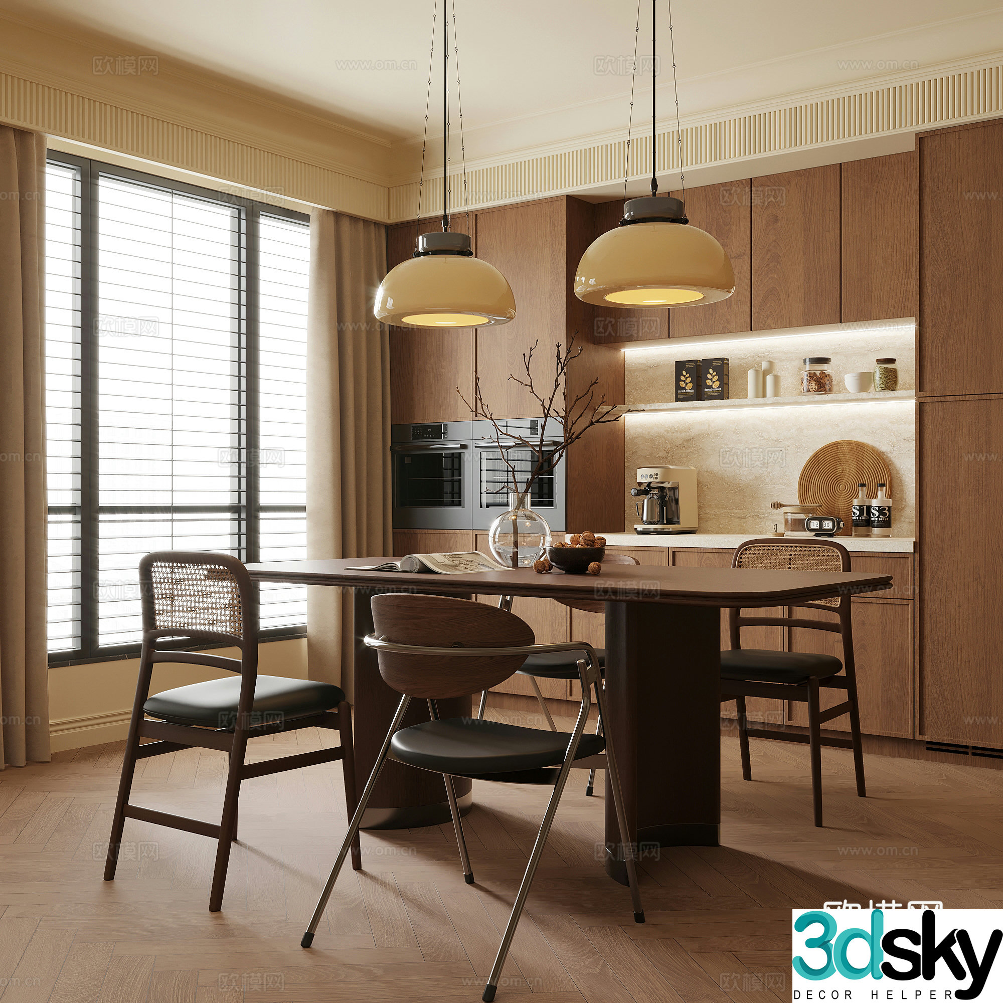 Middle-aged restaurant wine cabinet dining table and chair combination 3D model