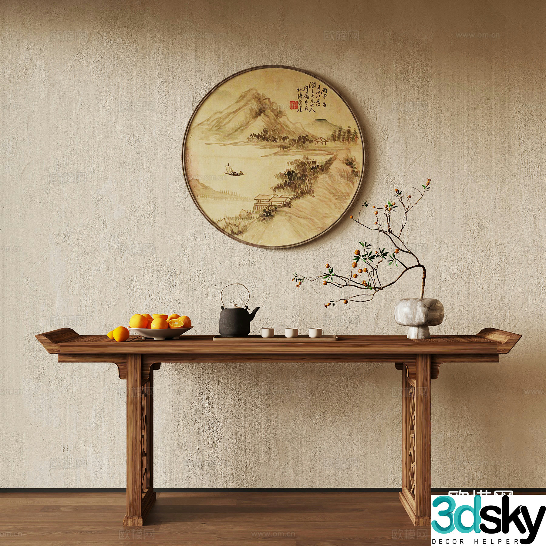 New Chinese style end-of-view deck plan hanging painting ornaments potted 3D model