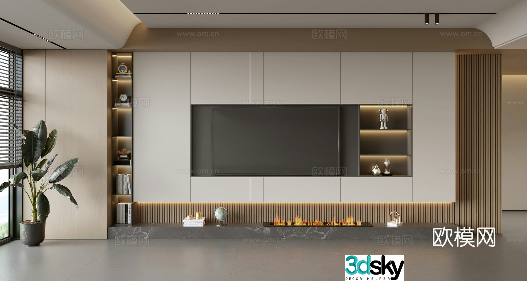 Modern TV background wall modern ornament balcony cabinet living room cabinet wood veneer background wall 3d model