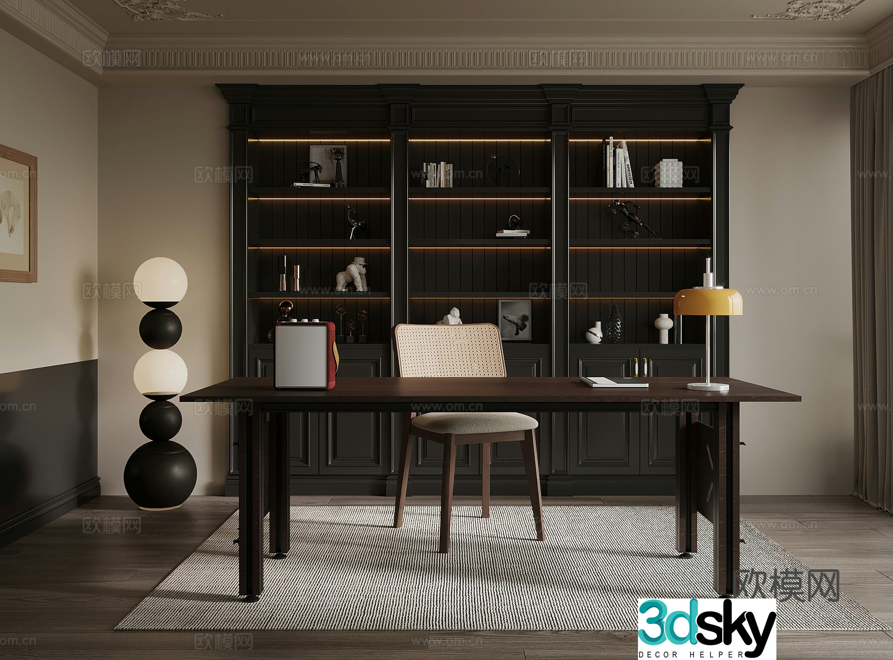 French retro style study bookcase desk chair office desk 3d model