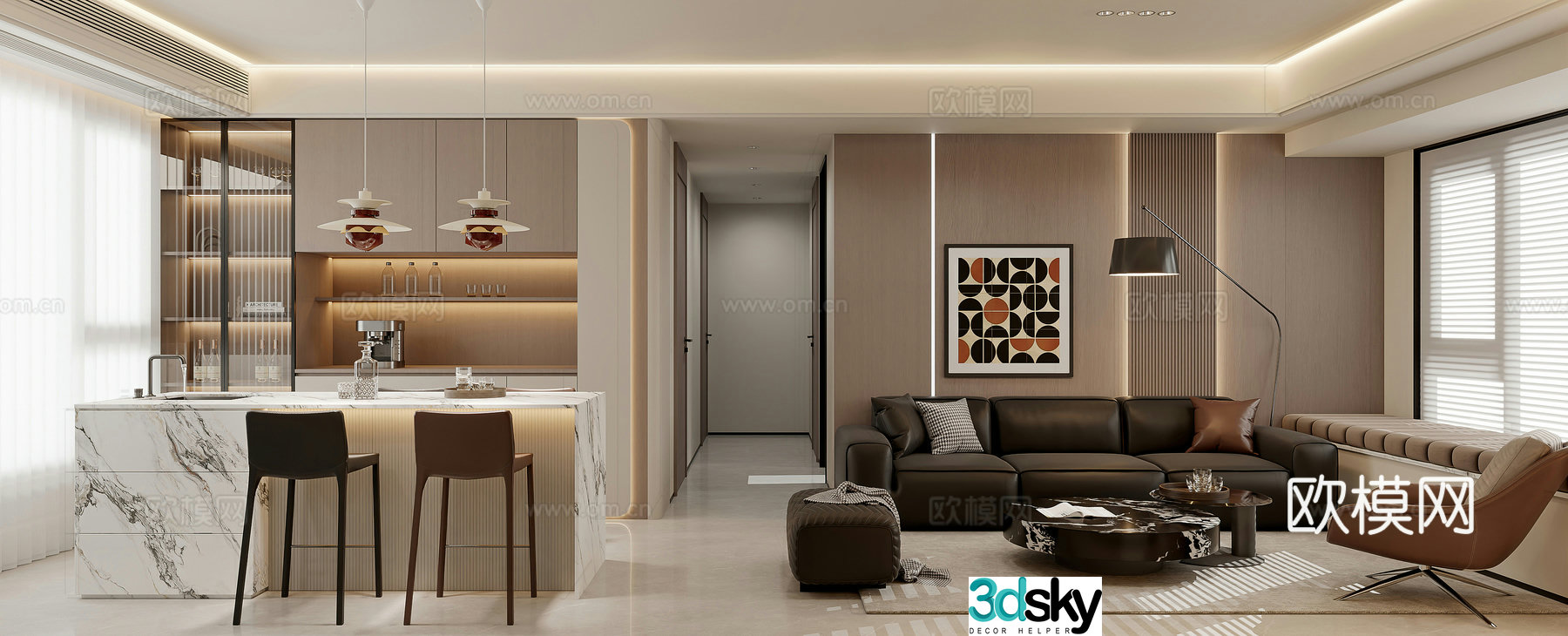 Italian living room combination sofa modern living room Italian living room leisure chair bar island 3D model