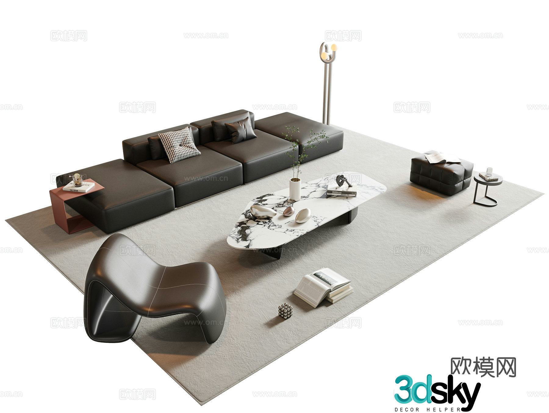 Italian sofa tea table combination Modular sofa Leather sofa Multi-person sofa Marble tea 3D model