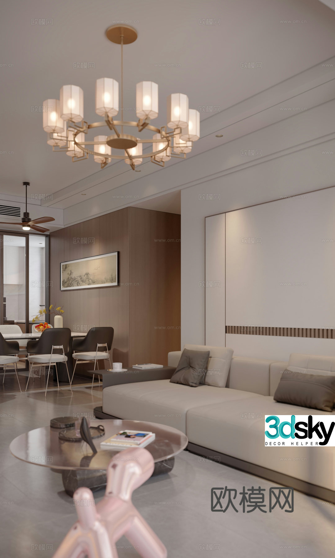 New Chinese style living and dining room sofa background wall 3d model