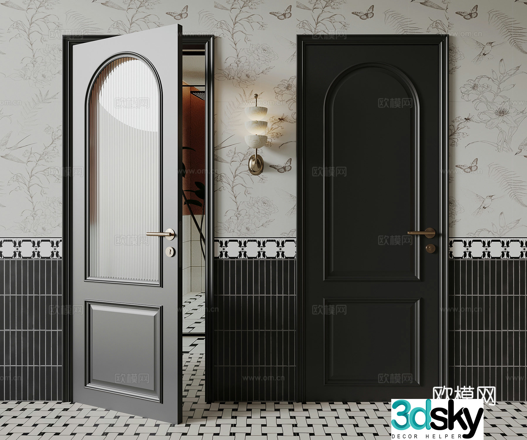French single-open door interior door glass door 3d model