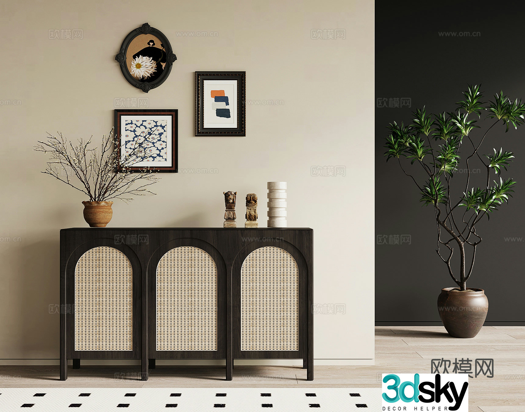 French retro style side cabinet end view cabinet decorative painting 3D model