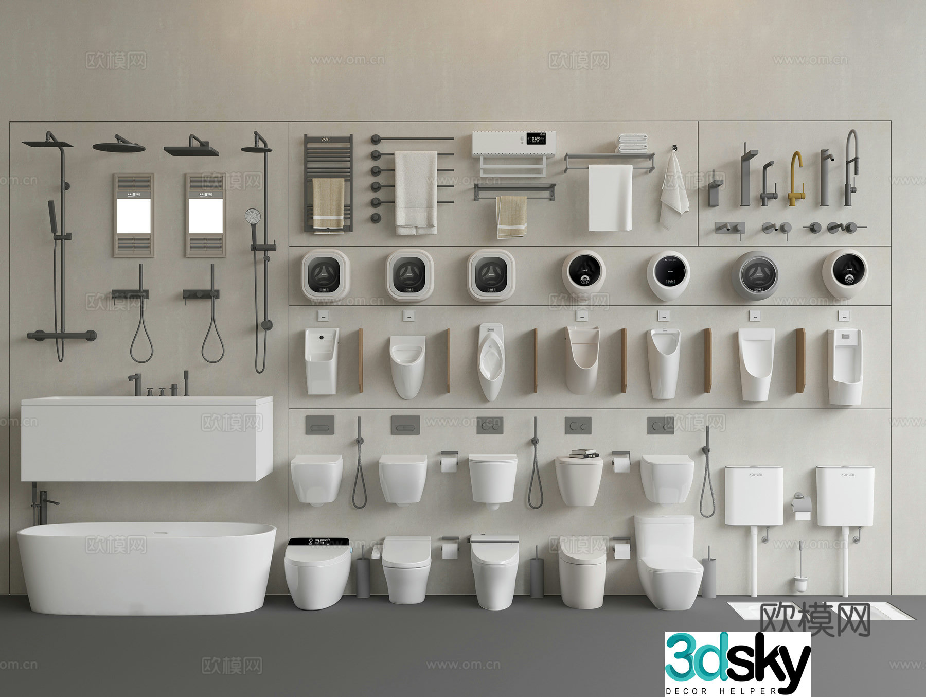 Sanitary ware combination bathtub toilet squat piss urinal shower dryer towel rack 3d model
