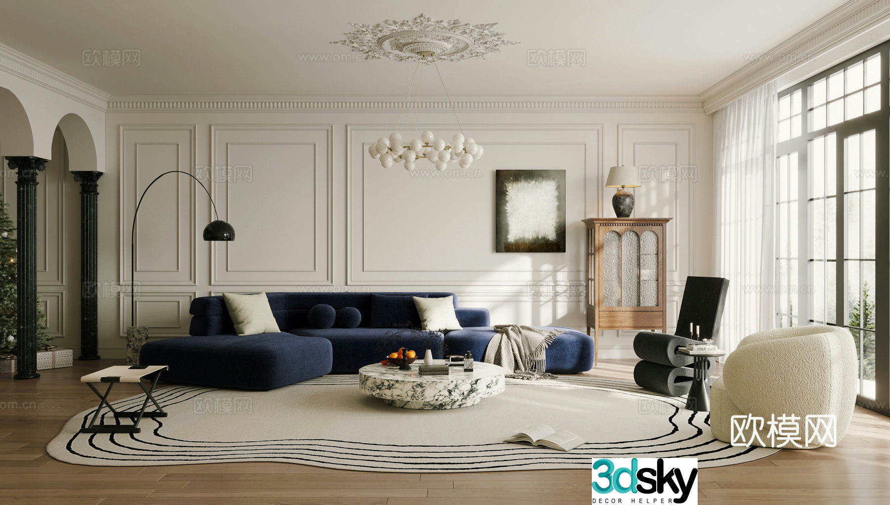 French home living room horizontal hall large flat living room 3D model