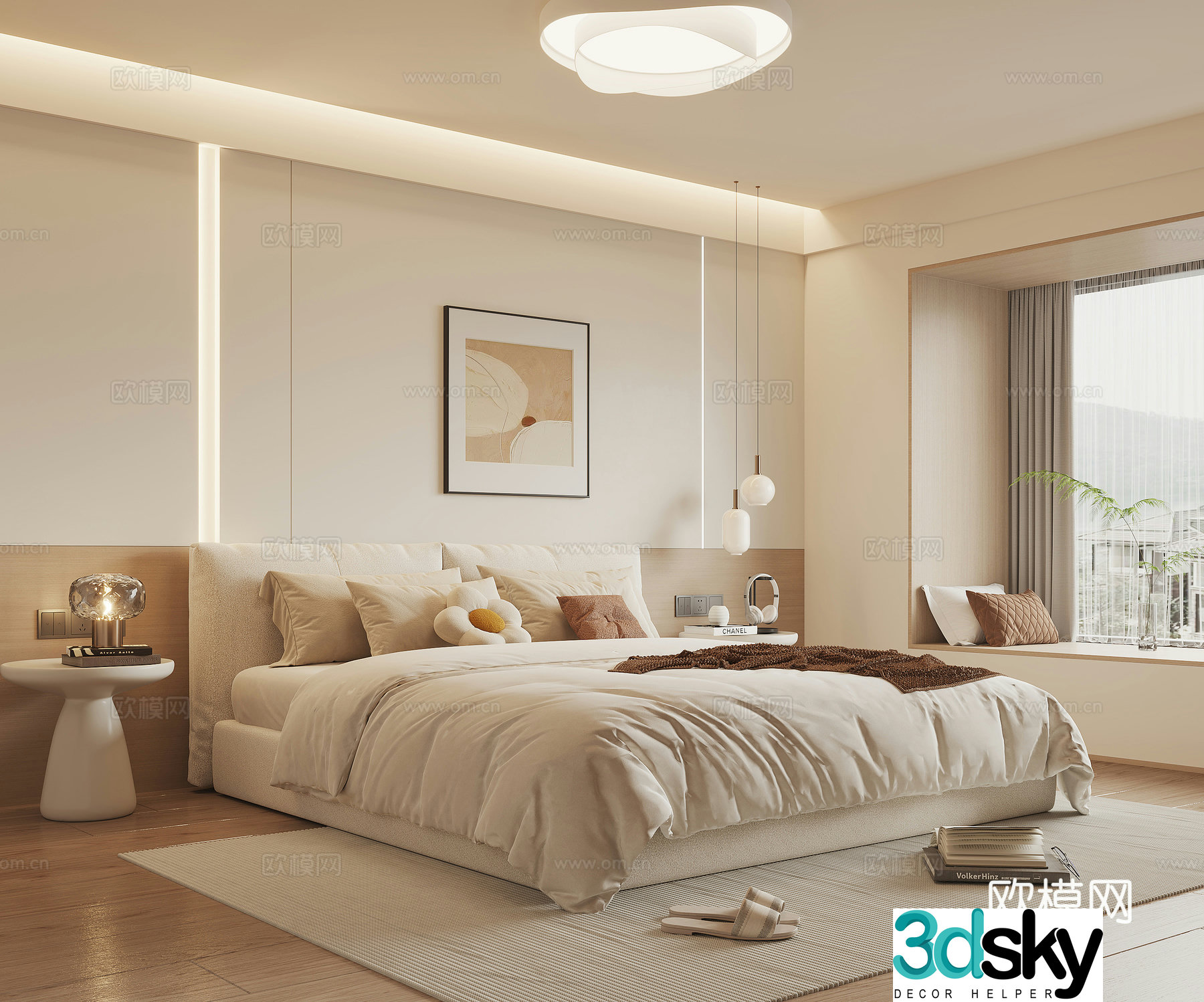Modern cream style home bedroom 3d model