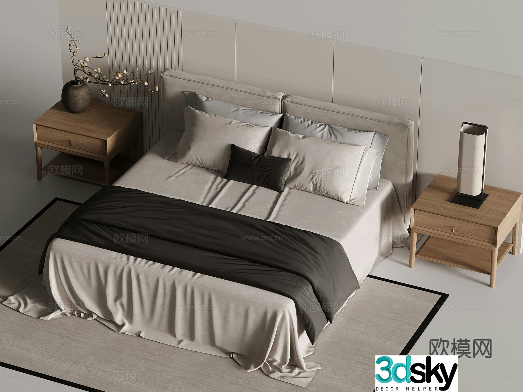 New Chinese style double bed bedside table 3D model