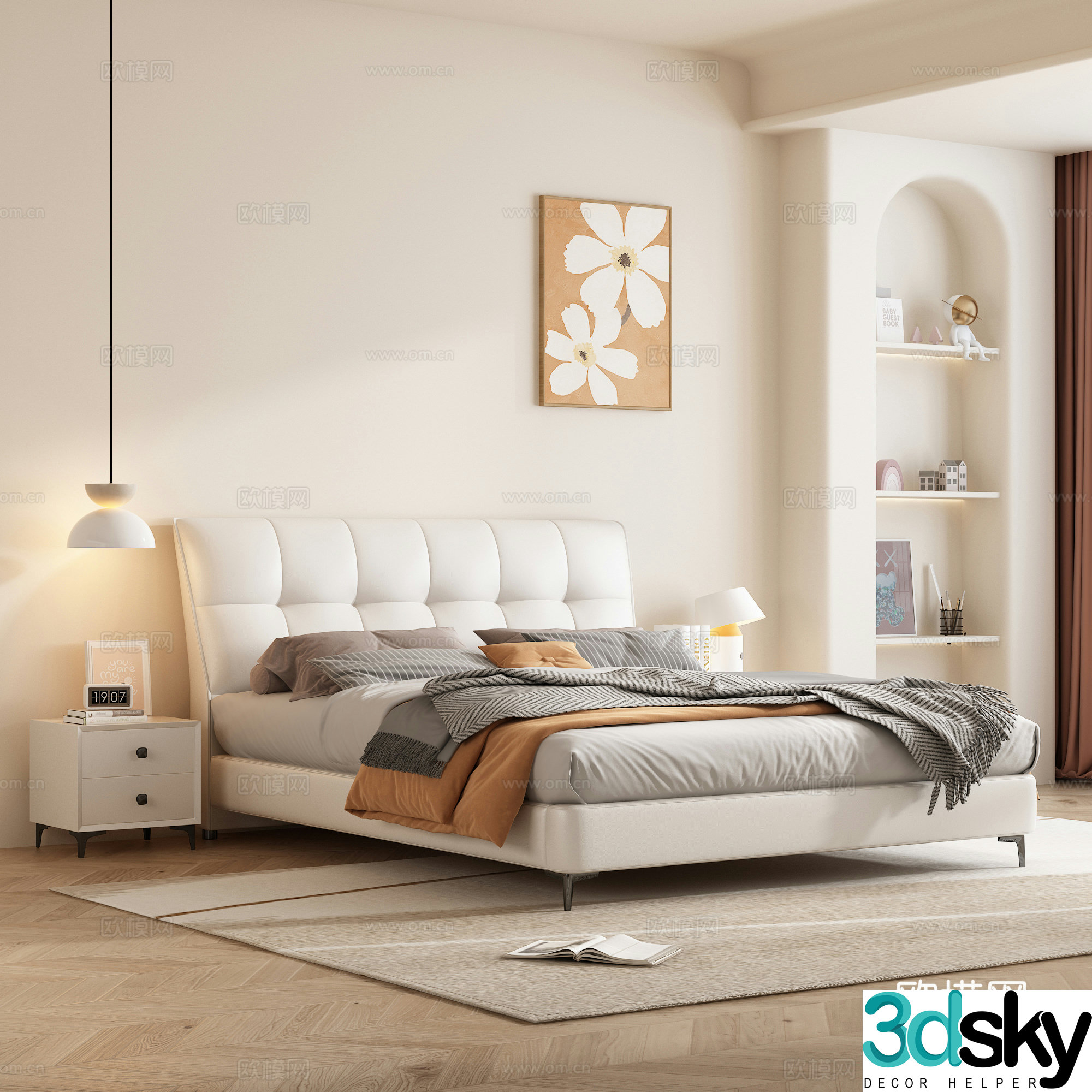 Double bed leather soft pack double bed cream style master bedroom bed leather bed bedroom nightstand 3D model
