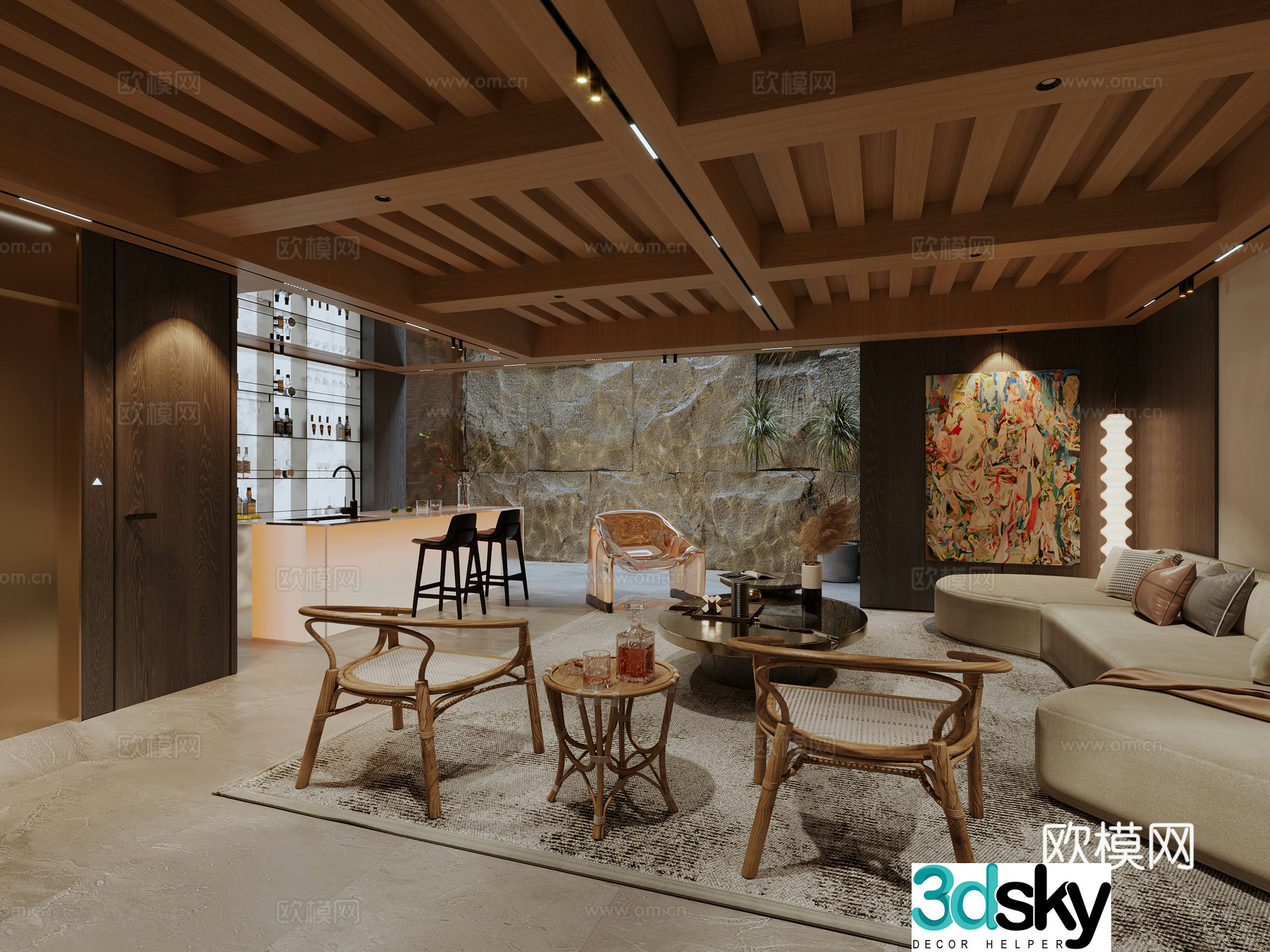 Villa basement seating area hanging painting floor lamp bar wine cabinet sofa coffee table combination 3D model