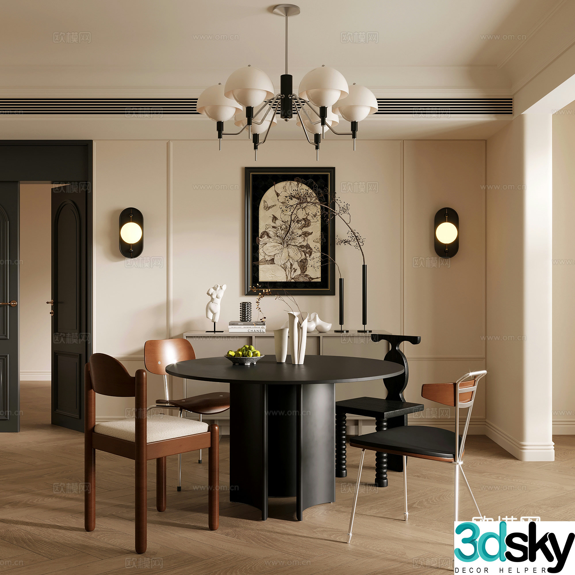 French retro style restaurant dining table and chair combination chandelier sideboard 3D model