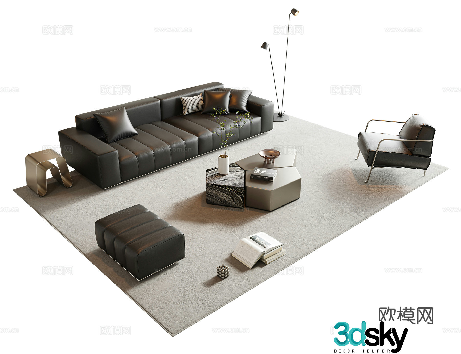 Italian sofa coffee table combination sofa leather multi-person sofa straight-row sofa metal coffee table 3D model