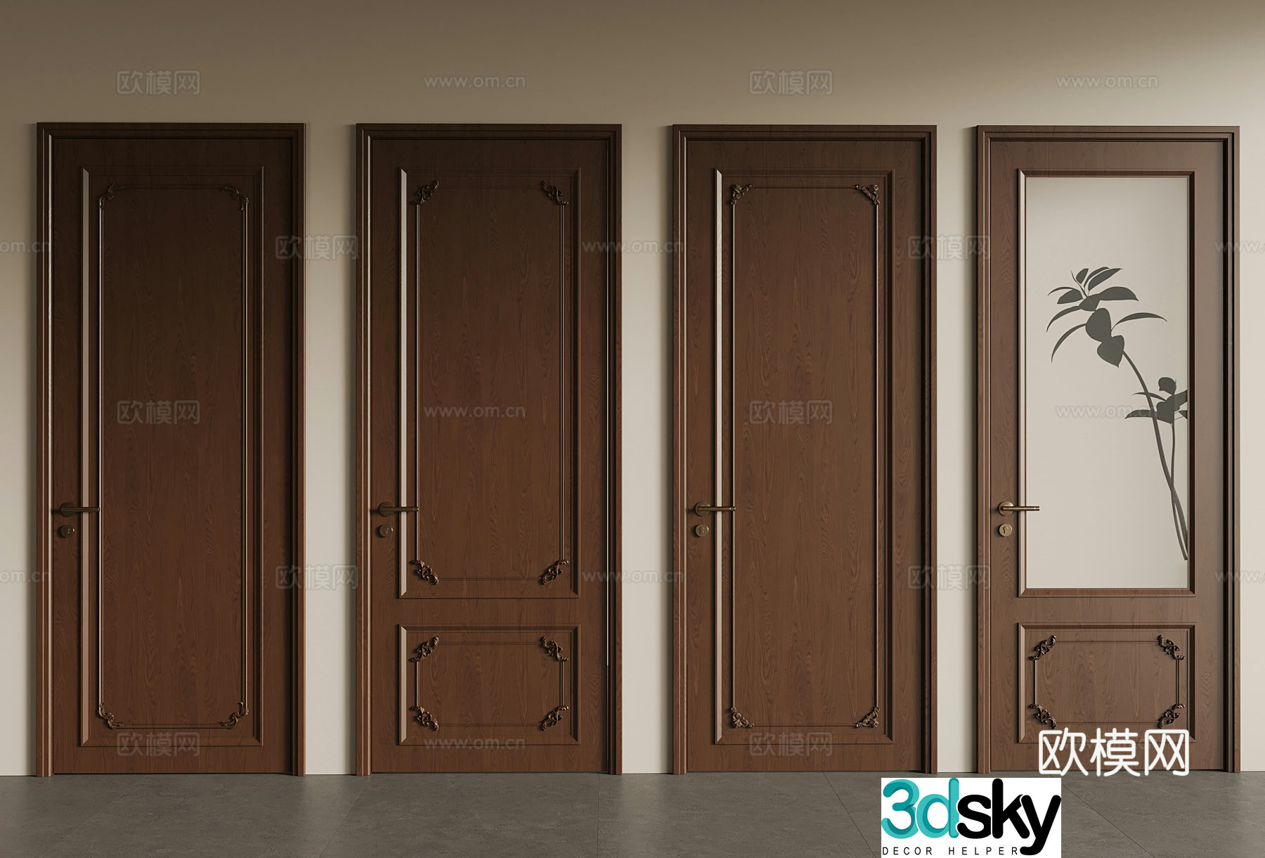 Medium style single-open door interior door glass door 3d model