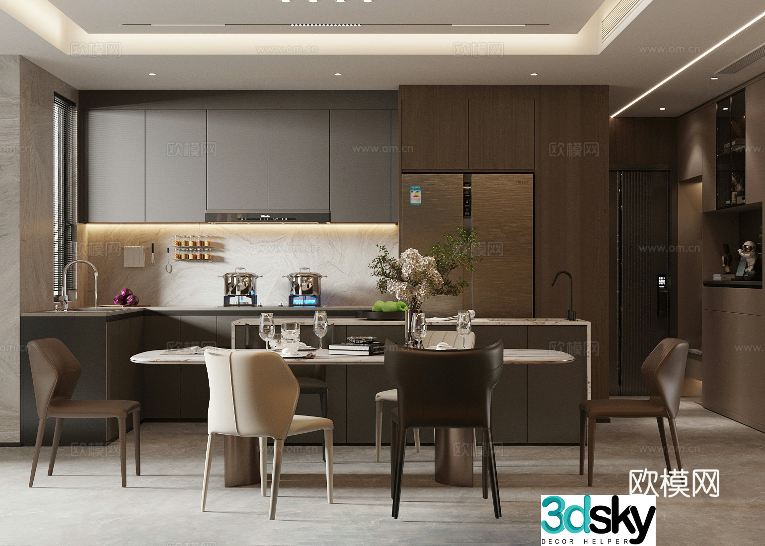 Light luxury Italian home restaurant Marble dining table Open restaurant Non-lamp restaurant Kitchen meal 3D model