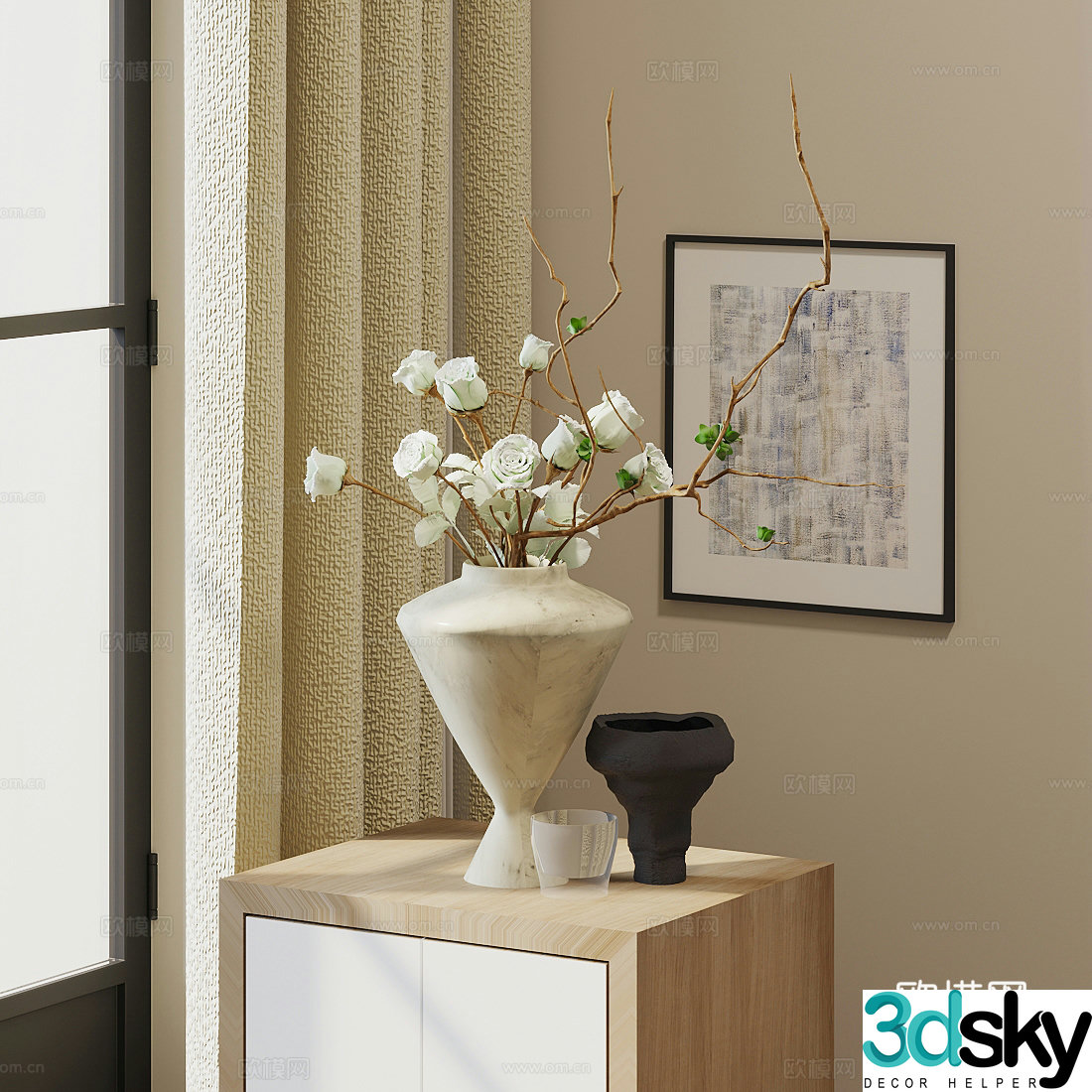 New Chinese style Zen flower art dining table flower art ornaments stem and branch flower ornaments Wasabi style flower art ornaments 3D model