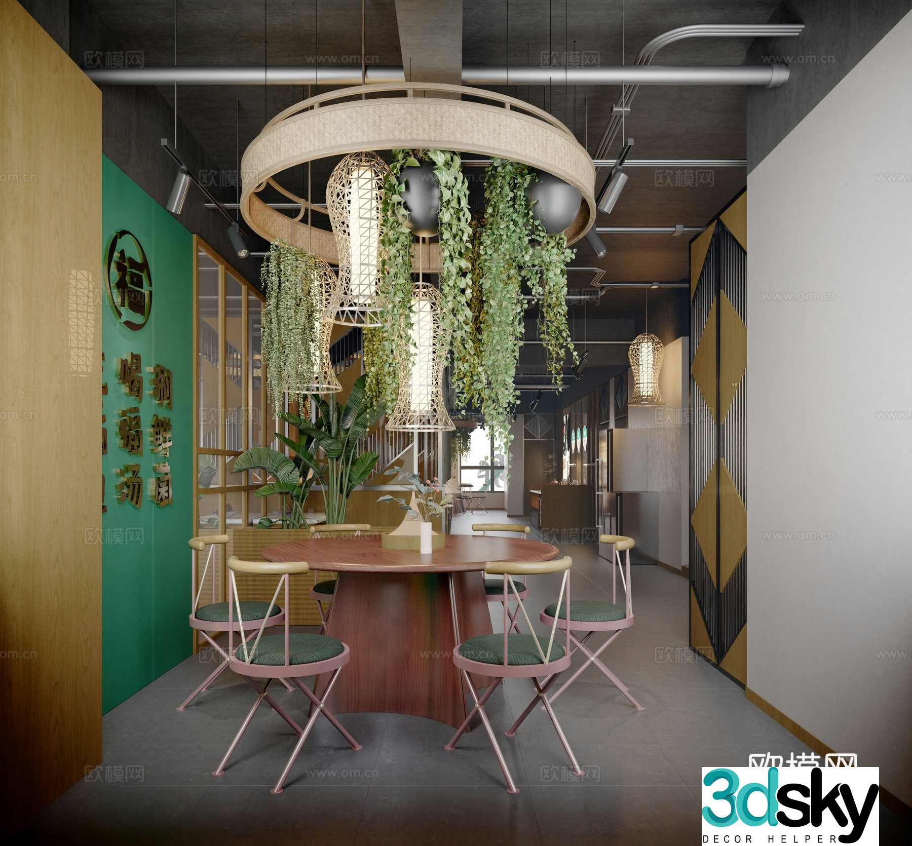 Southeast Asian catering private room round table and chair 3D model
