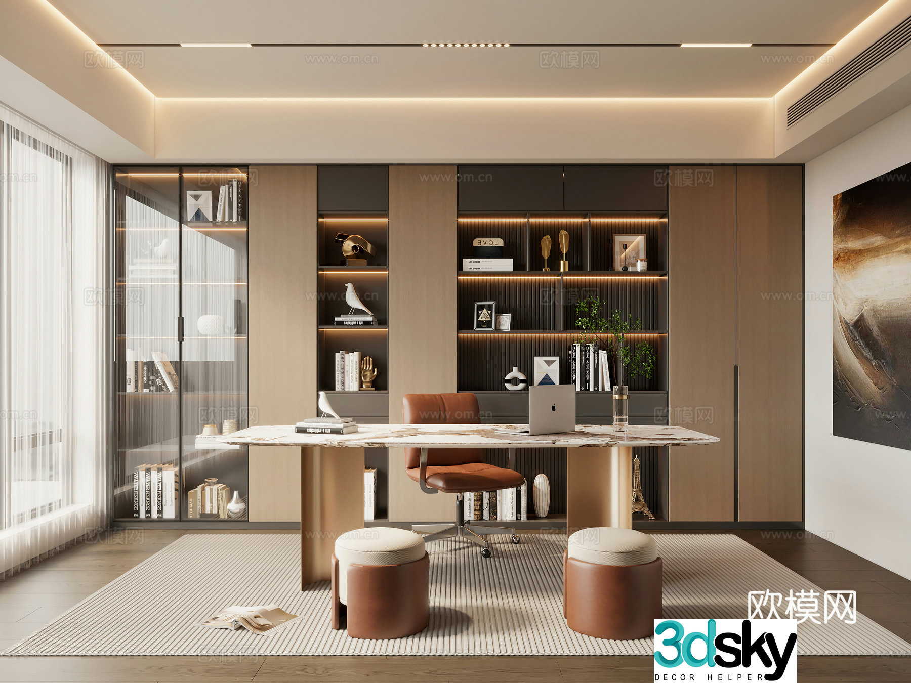 Modern light luxury Italian study desk and chair bookcase 3d model