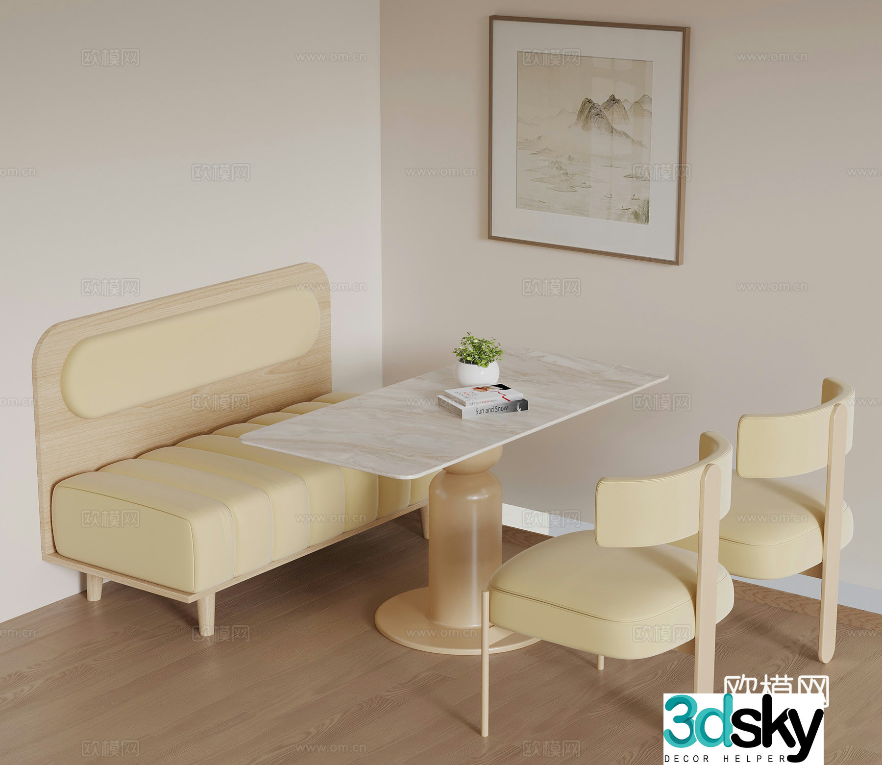 Modern dining table and chairs hanging painting 3d model