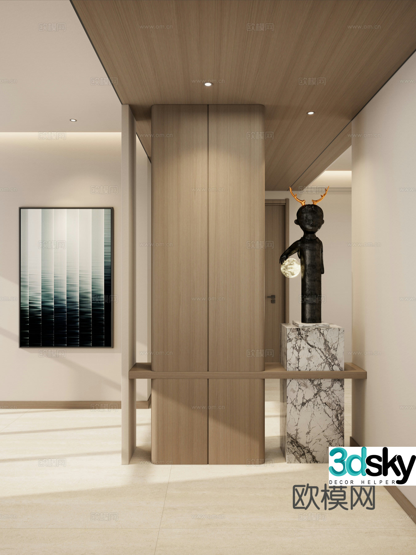 Nordic Cream Style Sculpture Partition Transparent View Solid Wood Top Hanging Painting Entrance 3D Model