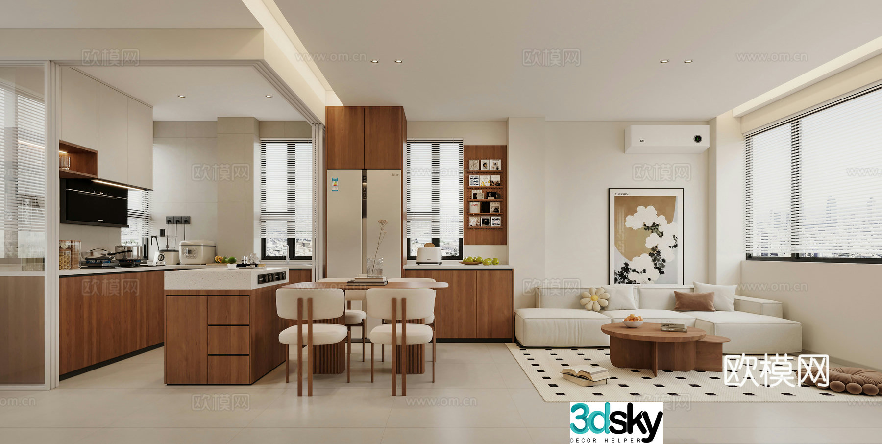 Log Cream Style Restaurant Kitchen Sofa Combination Dining Table and Chair TV Cabinet 3D Model