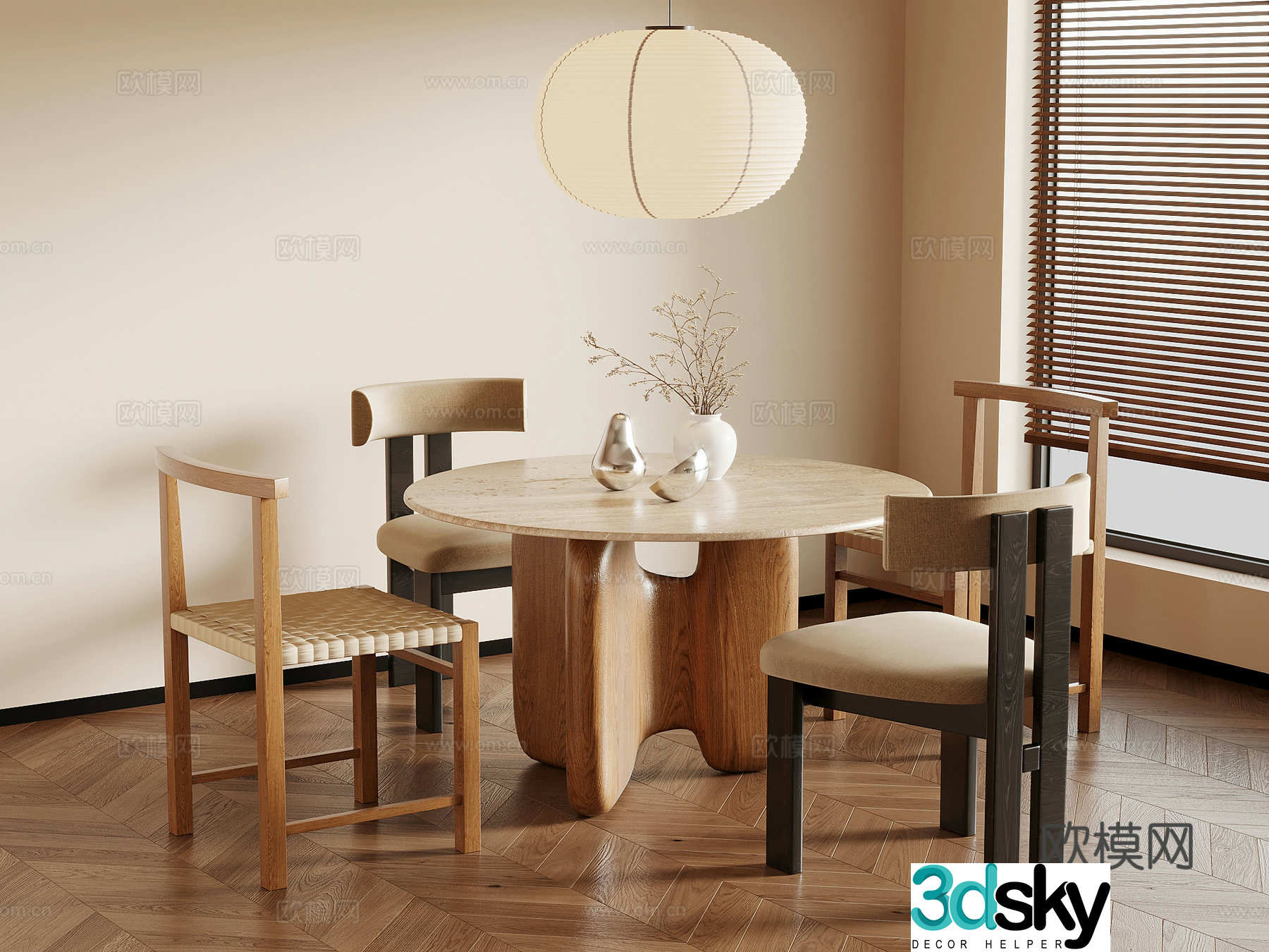 Medium style dining table and chair 3D model