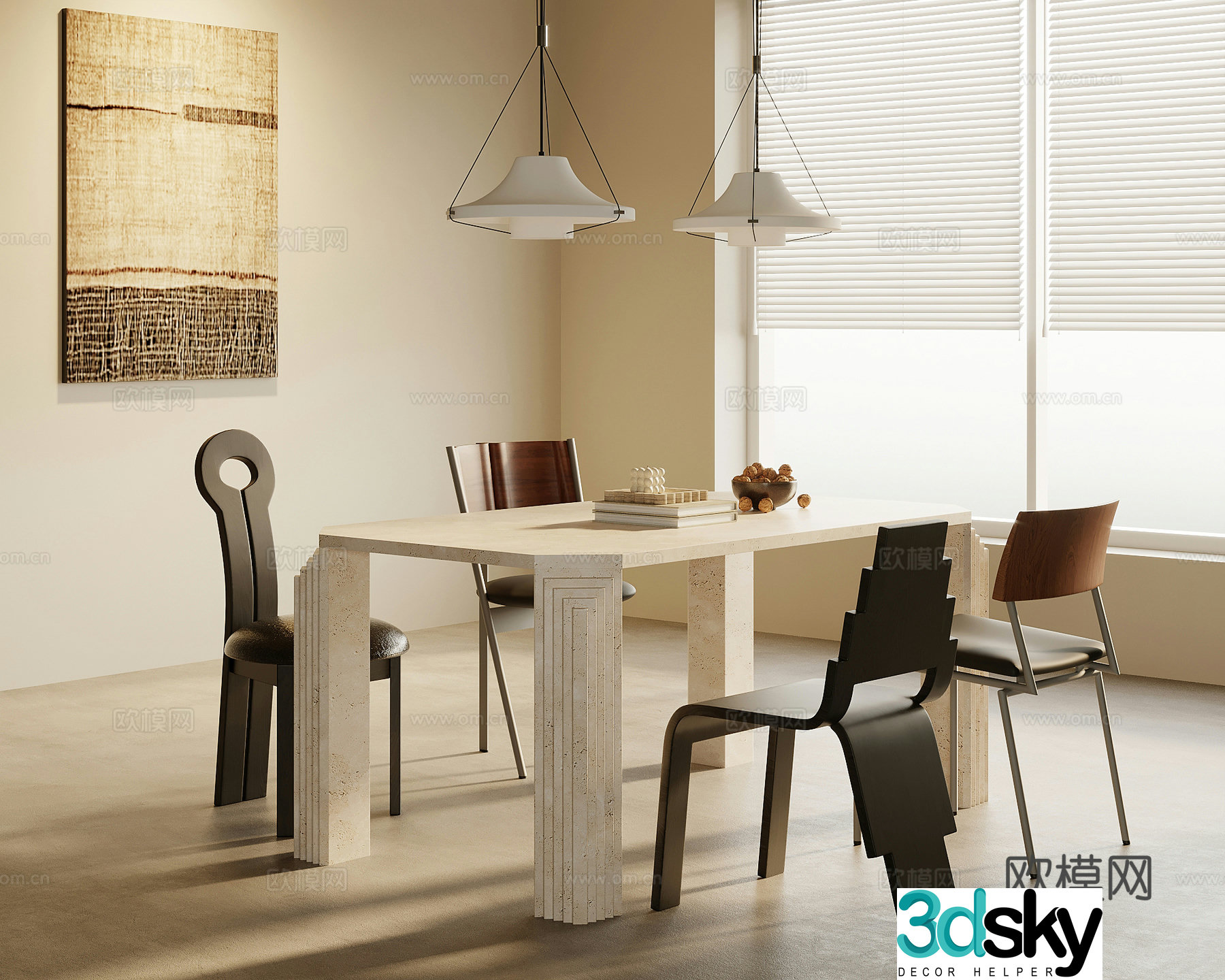 Middle style restaurant dining table and chair combination chandelier 3d model