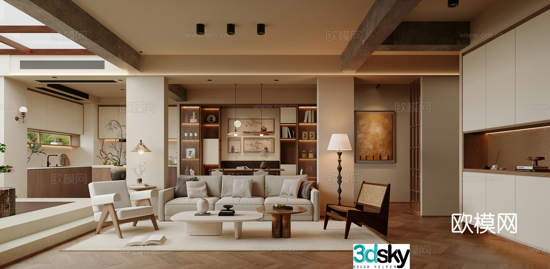 Medium style living room restaurant sofa coffee table combination floor lamp single chair hanging painting TV cabinet wall decoration 3D model