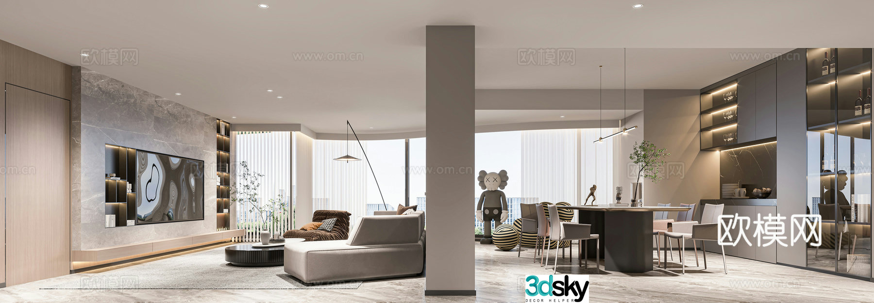 Modern living and dining room 3d model