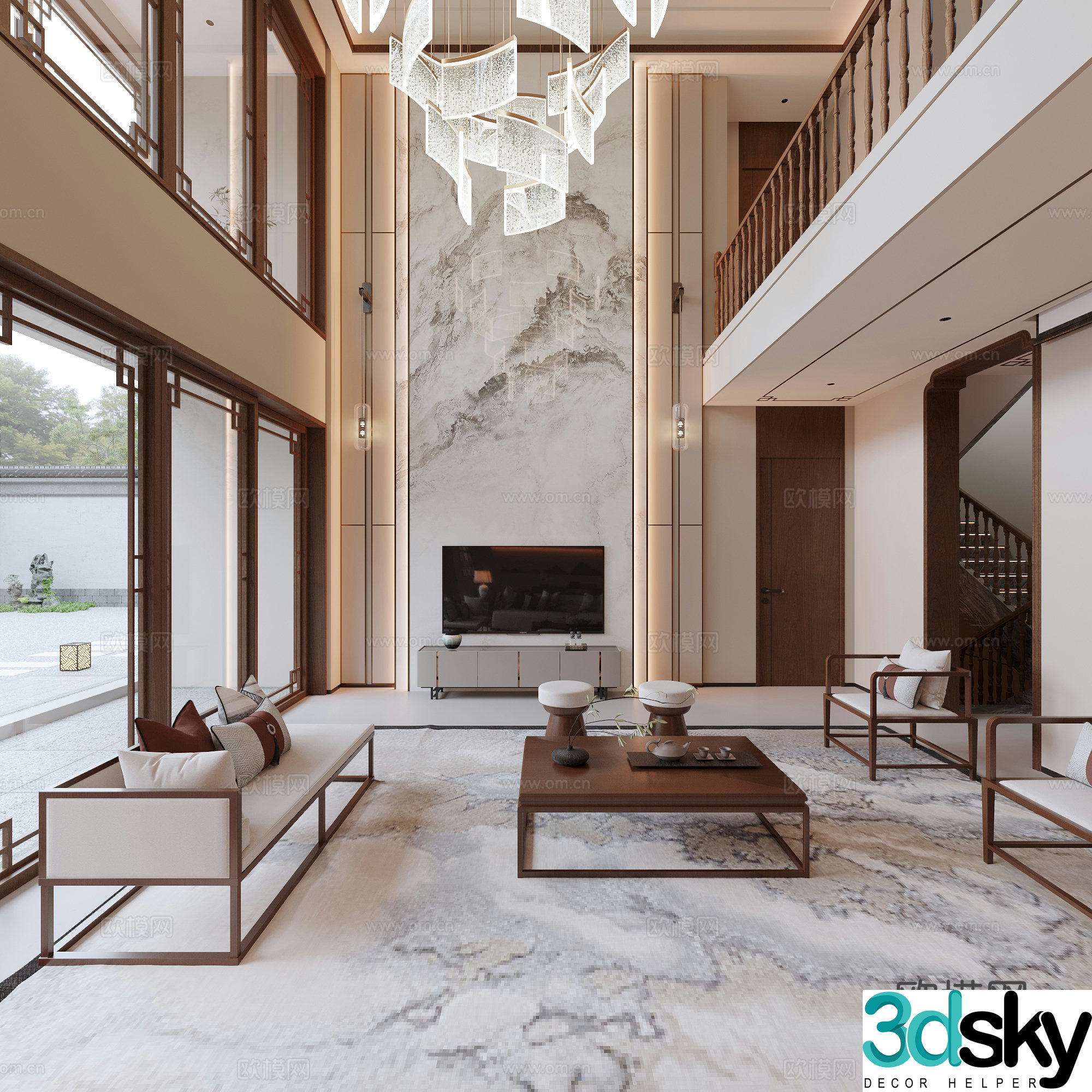 New Chinese style Song Family Villa Living Room Sofa Tea Table Combination Chinese style Doors and Windows Tea Room Background Chandelier Stair Handrail 3D Model