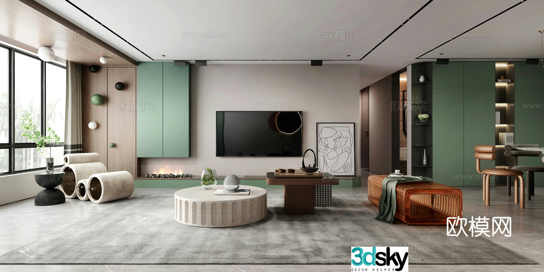 Modern living and dining room leisure chair lounge chair TV background wall coffee table light luxury fireplace 3d model