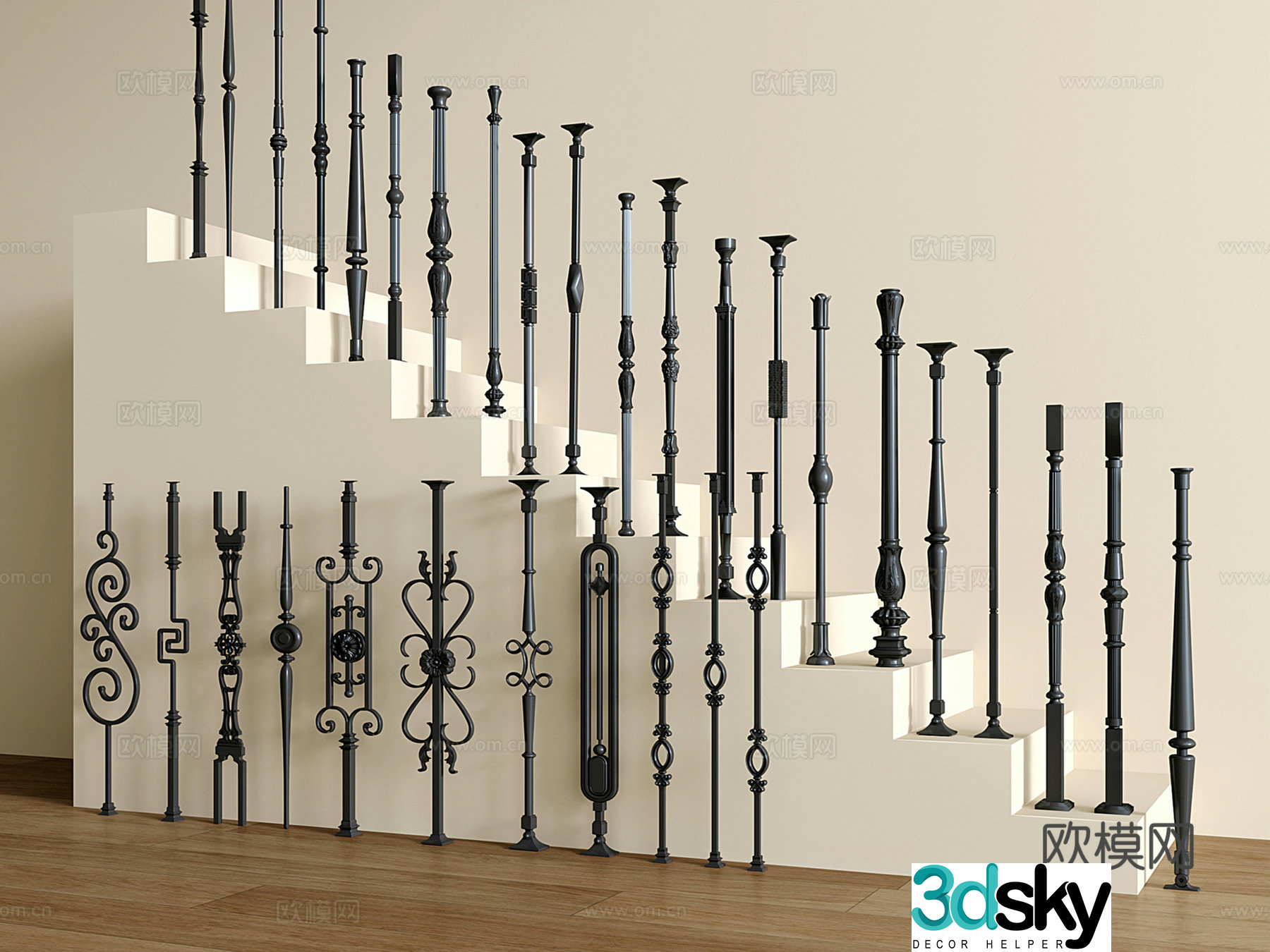 French iron stair railing combination guardrail post handrail 3d model