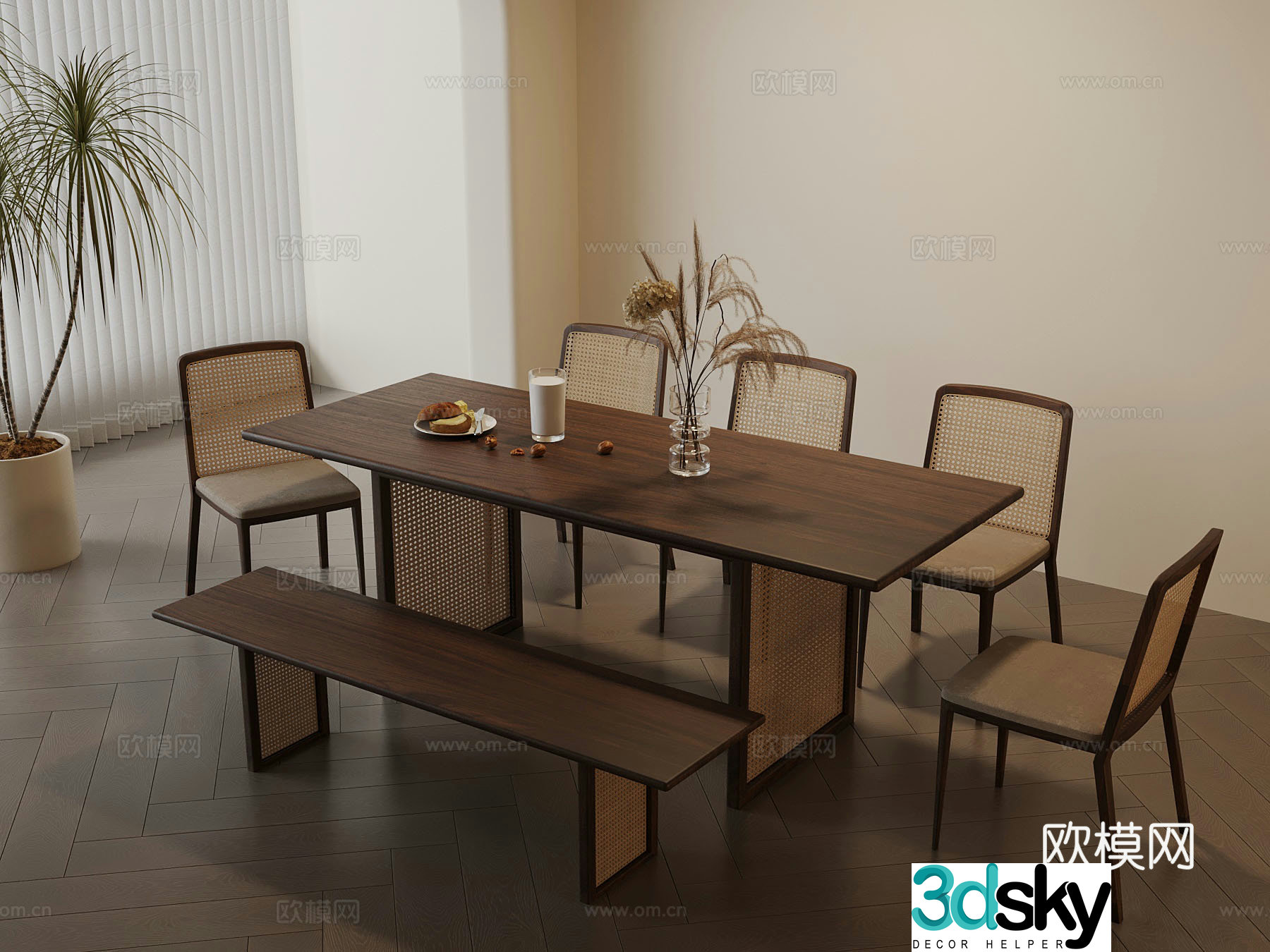 Medium style dining table and chair 3D model